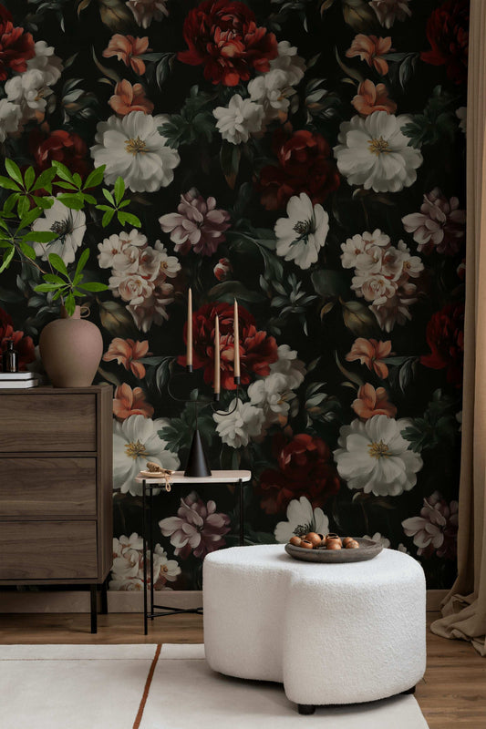 Dark Floral Wallpaper Red and White Blooms Mural Peel and Stick Roll