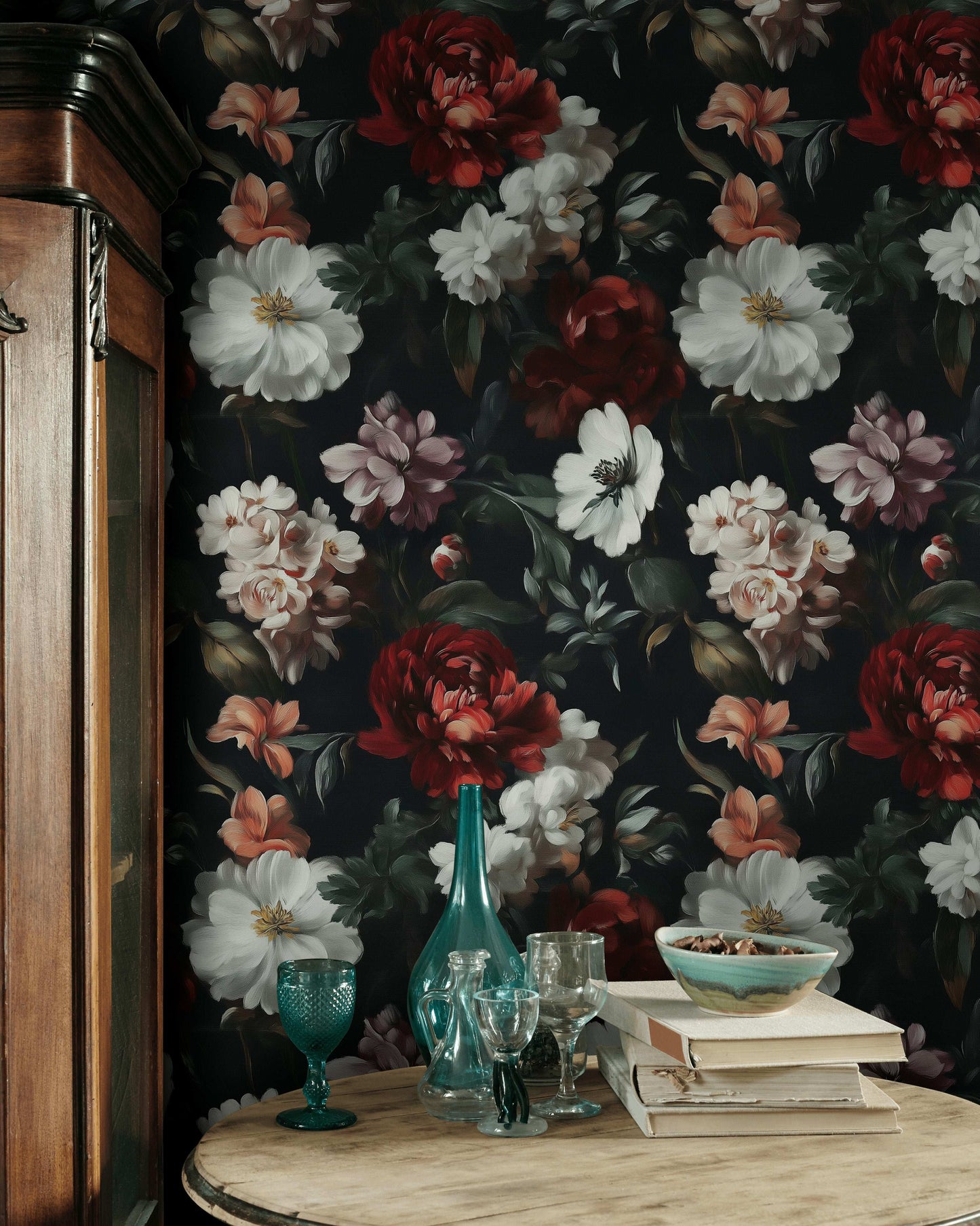 Dark Floral Wallpaper Red and White Blooms Mural Peel and Stick Roll