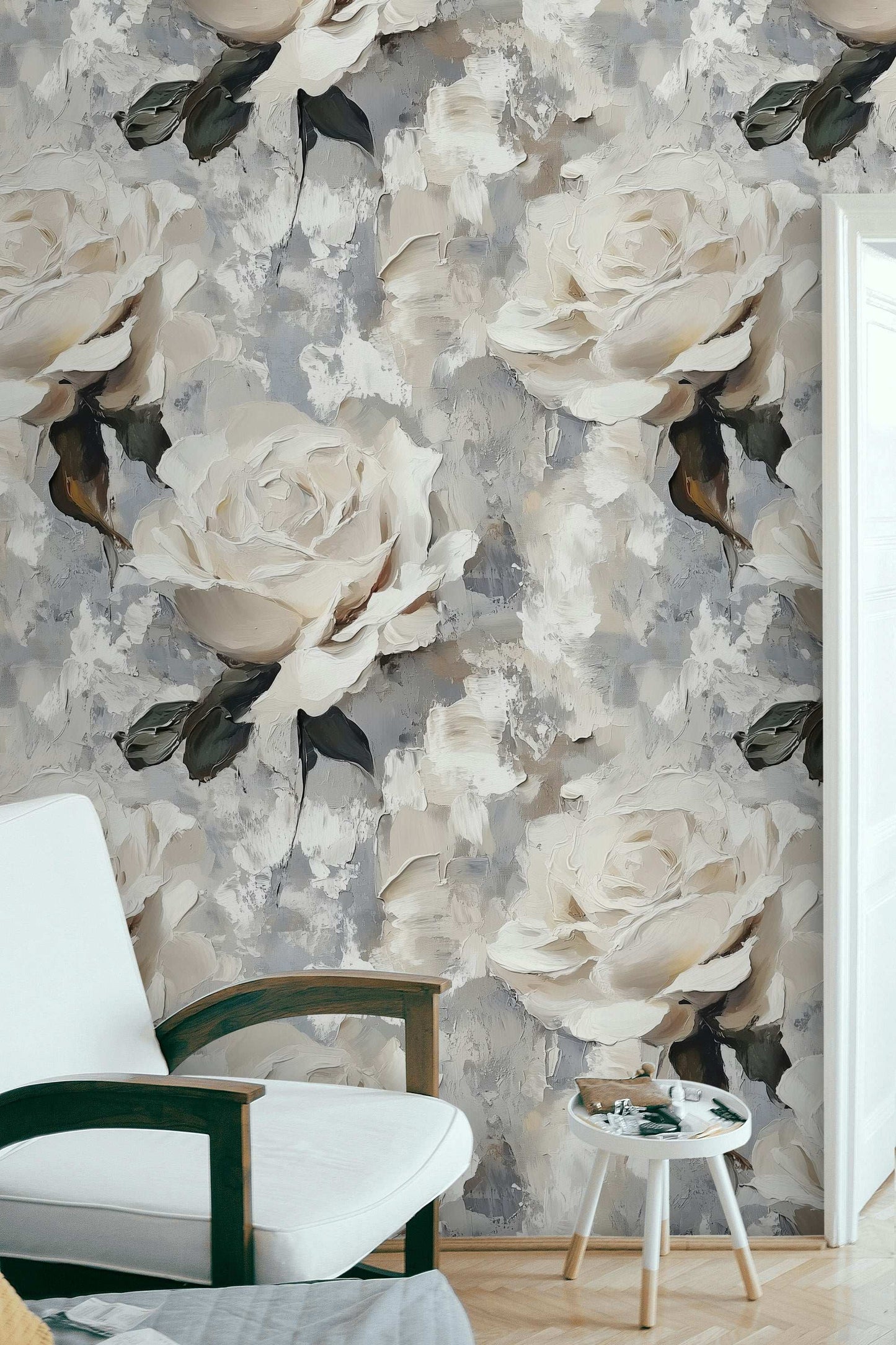 Abstract White Rose Wallpaper Textured Floral Removable Wall Mural Peel and Stick Roll