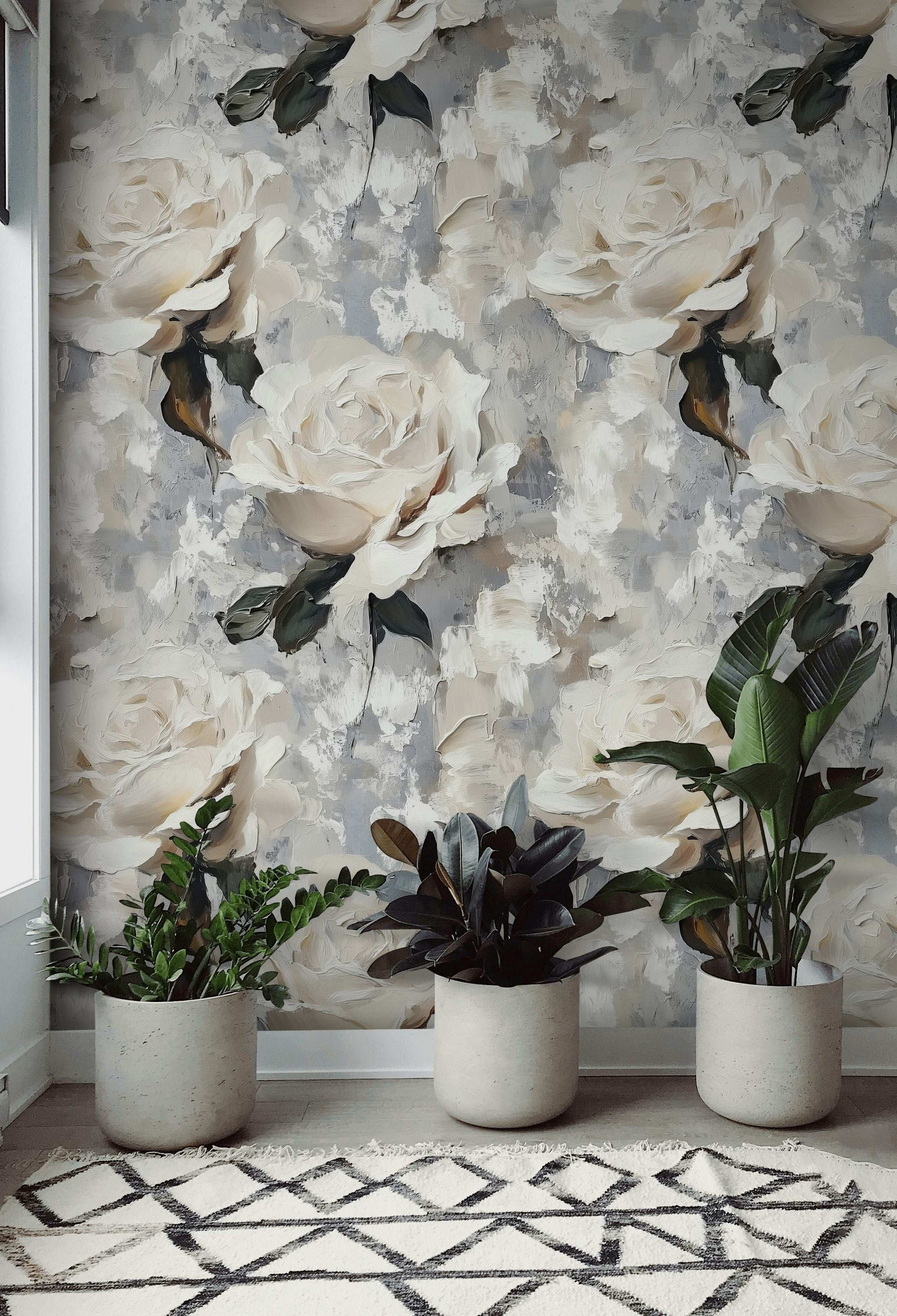 Abstract White Rose Wallpaper Textured Floral Removable Wall Mural Peel and Stick Roll