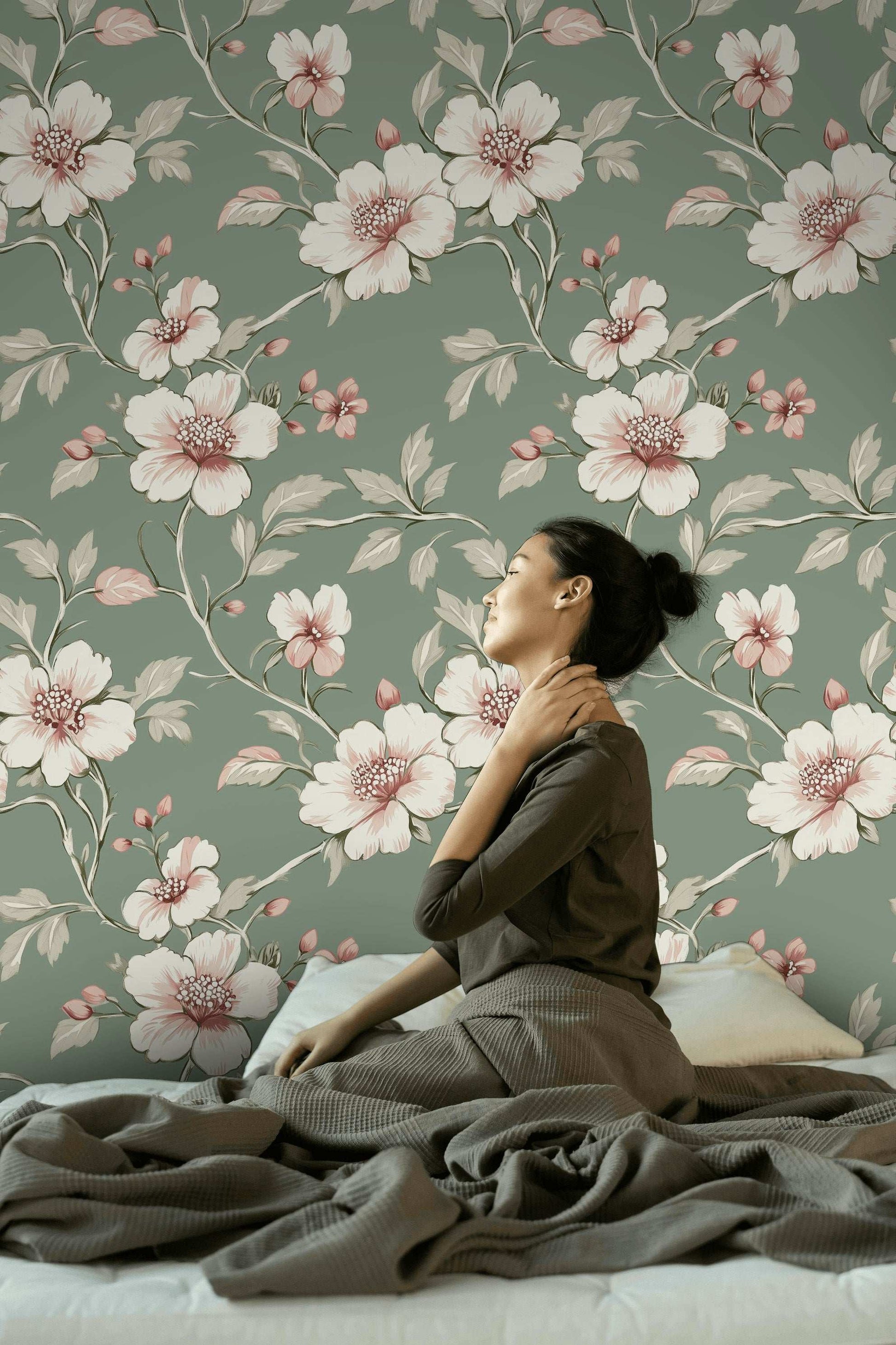 Sage Green Floral Wallpaper | Vintage-Inspired Removable Mural Peel and Stick Roll