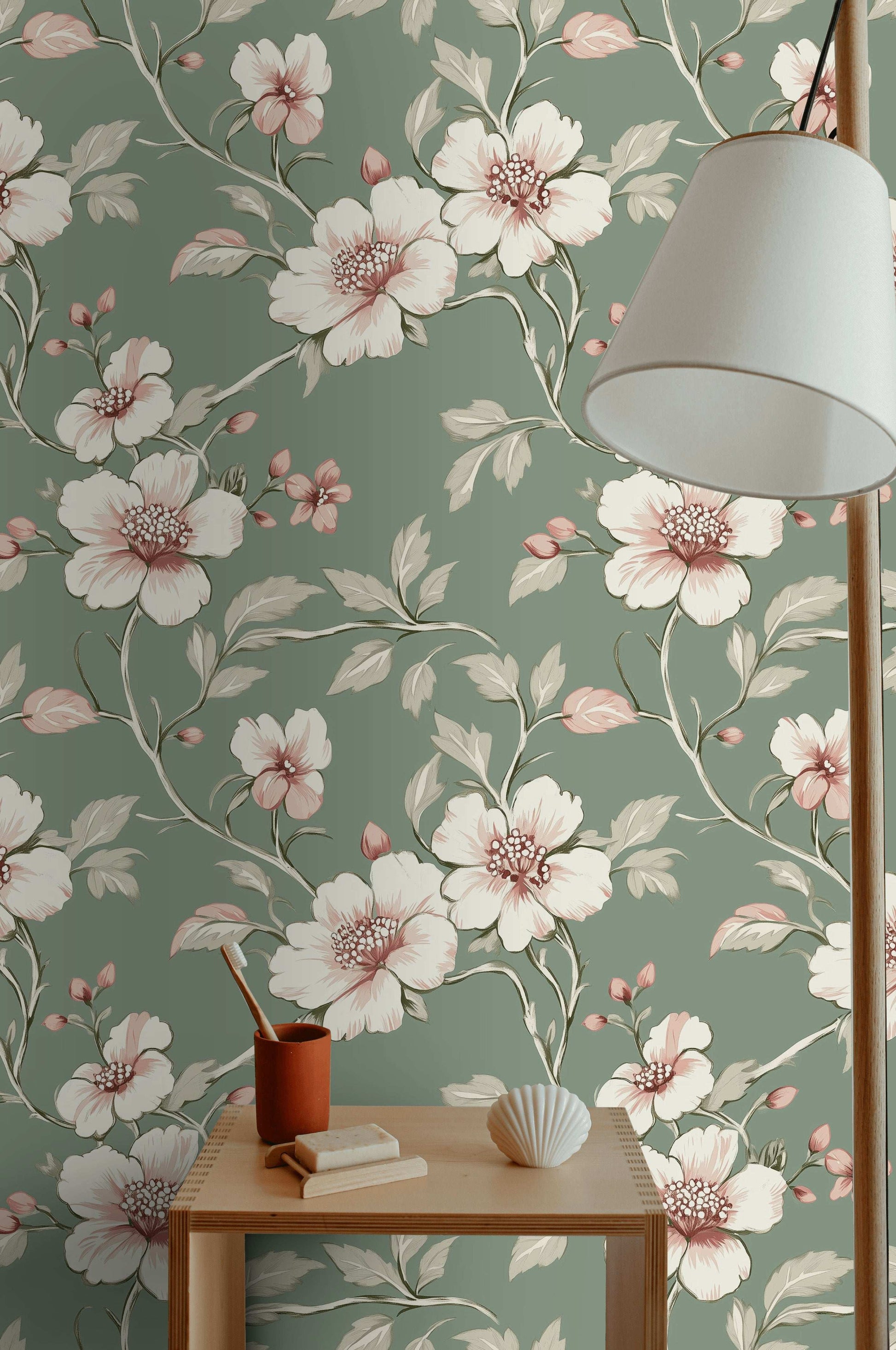 Sage Green Floral Wallpaper | Vintage-Inspired Removable Mural Peel and Stick Roll