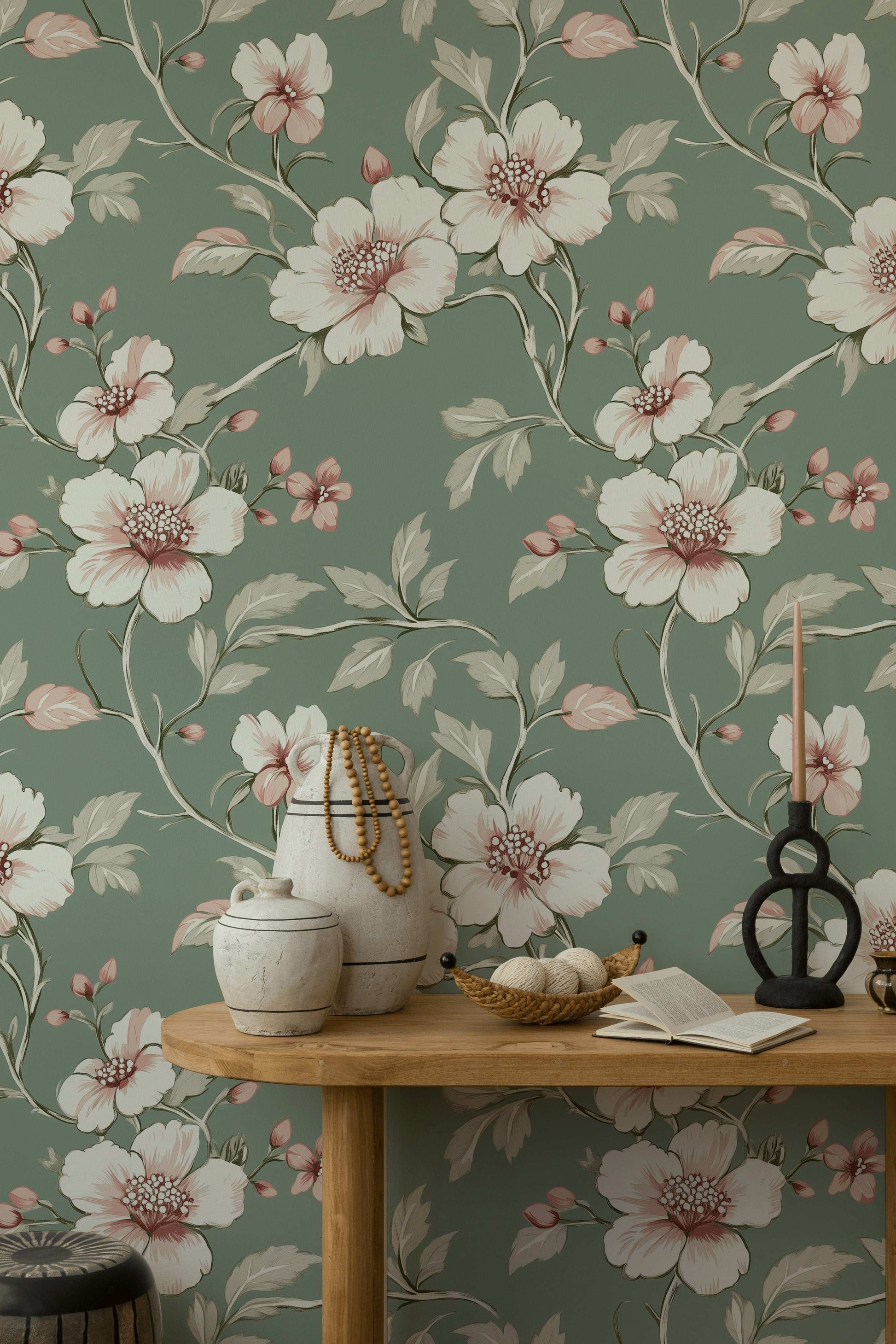 Sage Green Floral Wallpaper | Vintage-Inspired Removable Mural Peel and Stick Roll