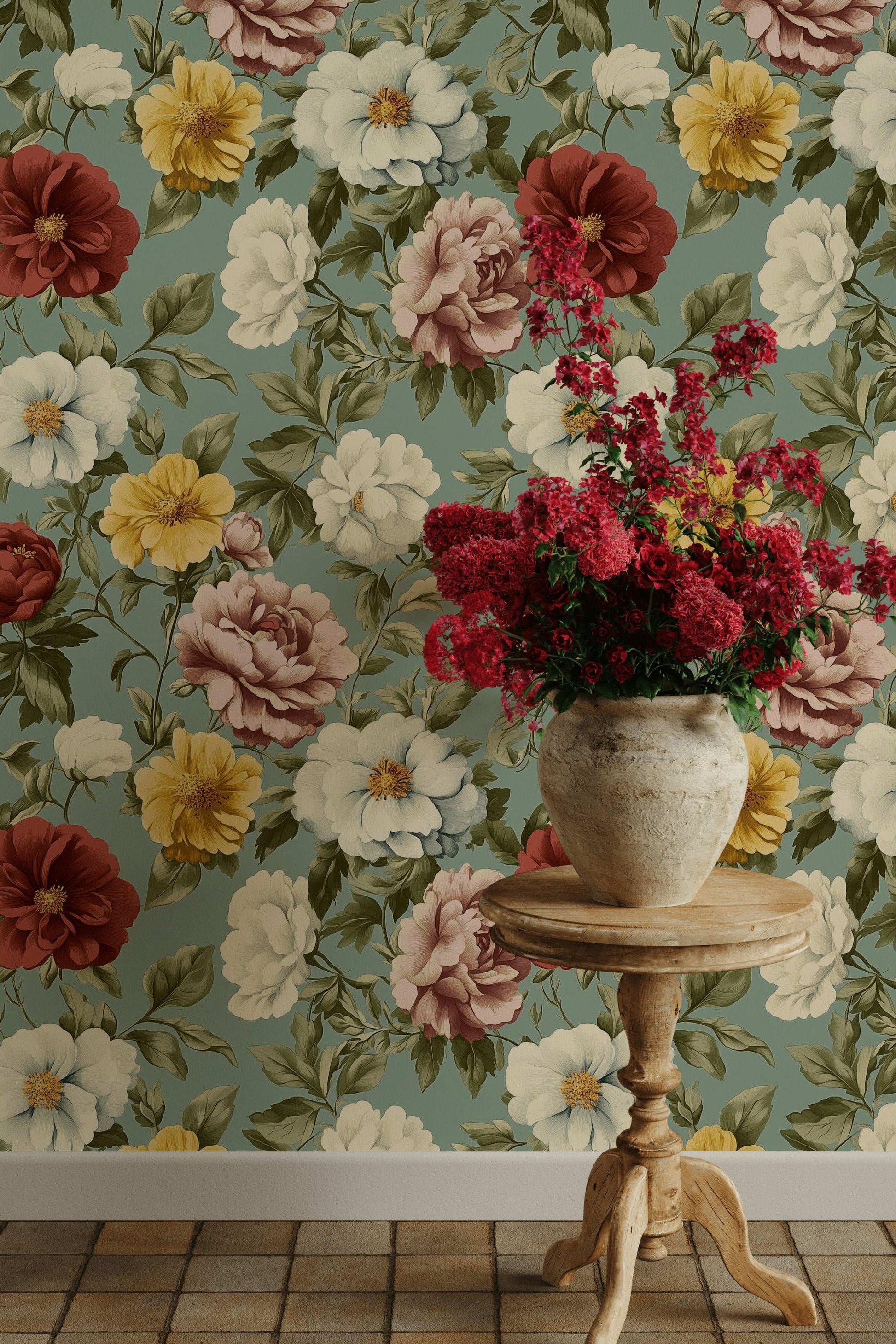 Colorful Peony Wallpaper Vibrant Floral Charming Interiors Mid-Century Style Peel and Stick Roll