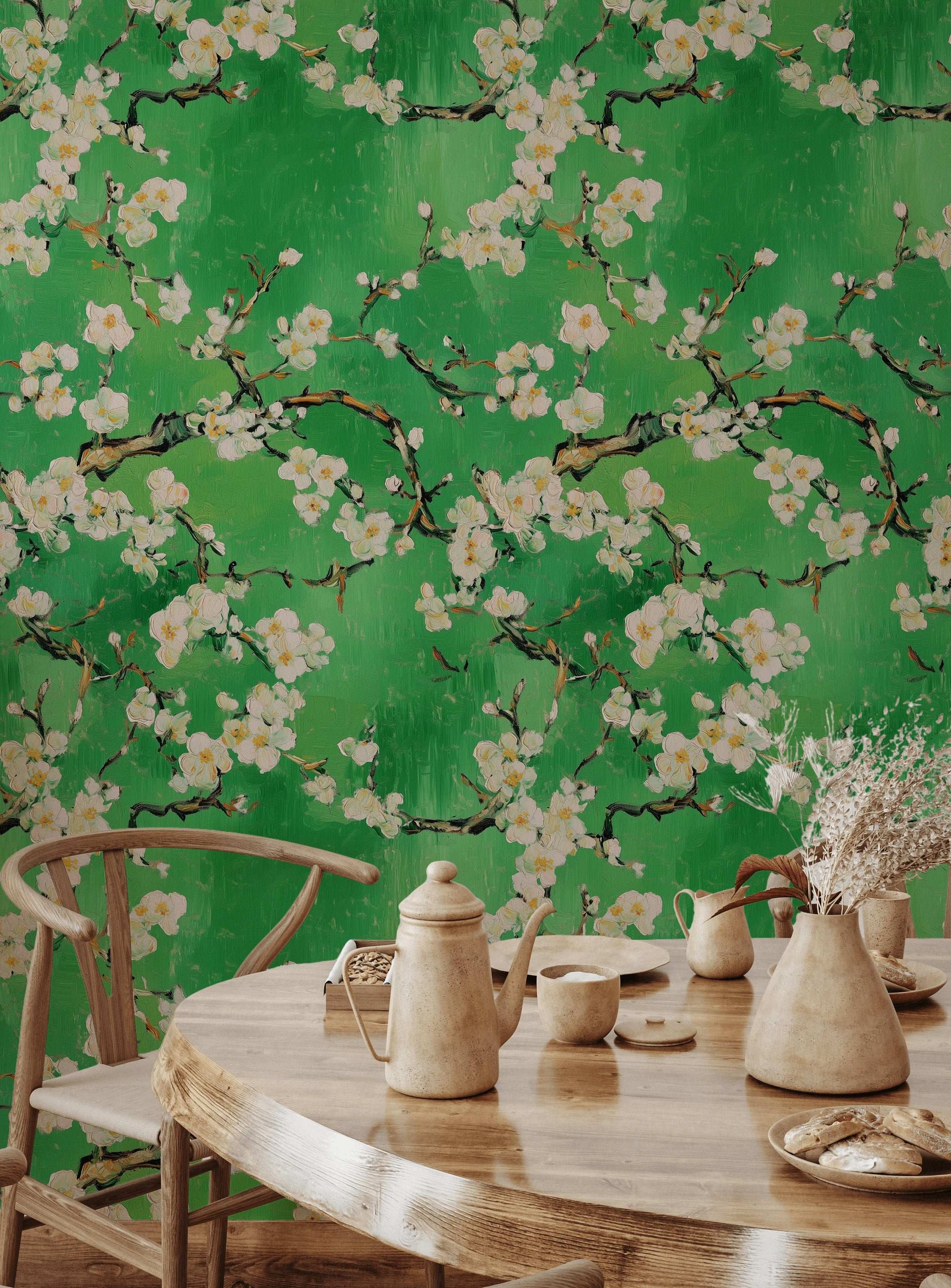 Nature-Inspired Green Blossom Wallpaper Modern Floral Design Elegant Accent Walls Peel and Stick Roll