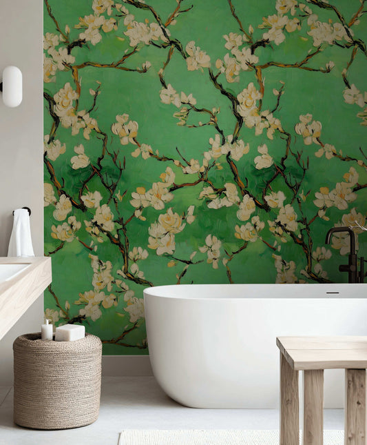 Green Blossom Wallpaper Artistic Floral Design Vibrant Painting Mural Peel and Stick Roll