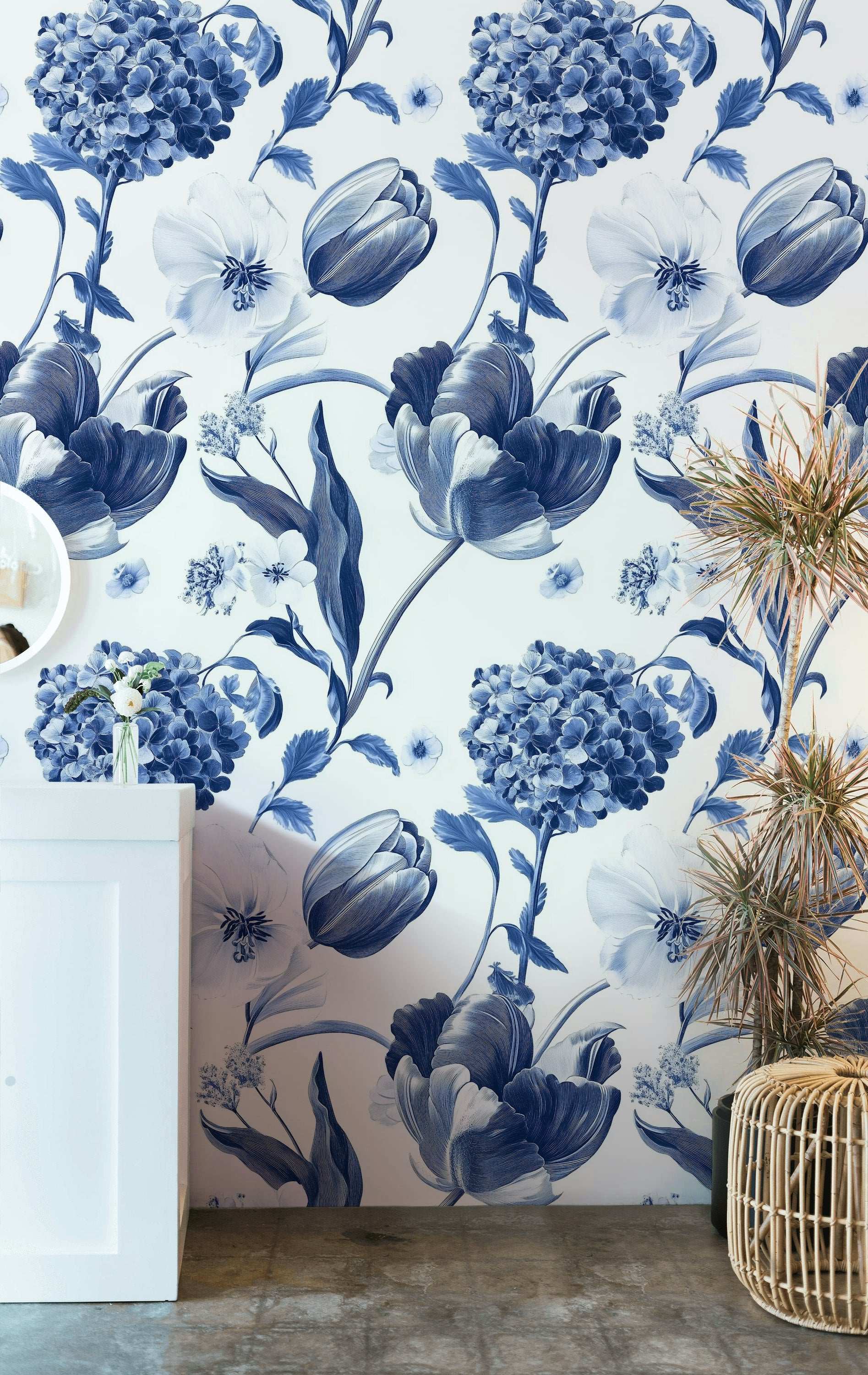 Delft Blue Floral Wallpaper Timeless Elegance Modern Interiors Peel and Stick Roll