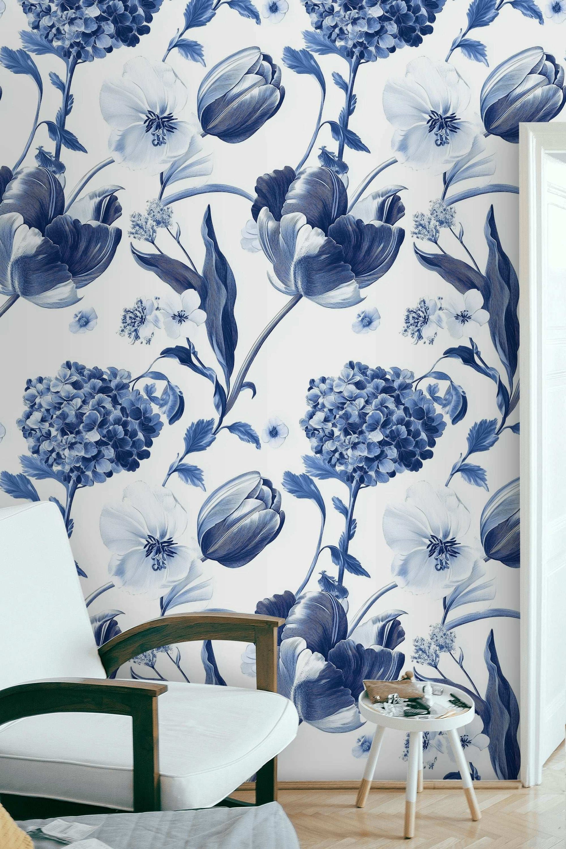 Delft Blue Floral Wallpaper Timeless Elegance Modern Interiors Peel and Stick Roll