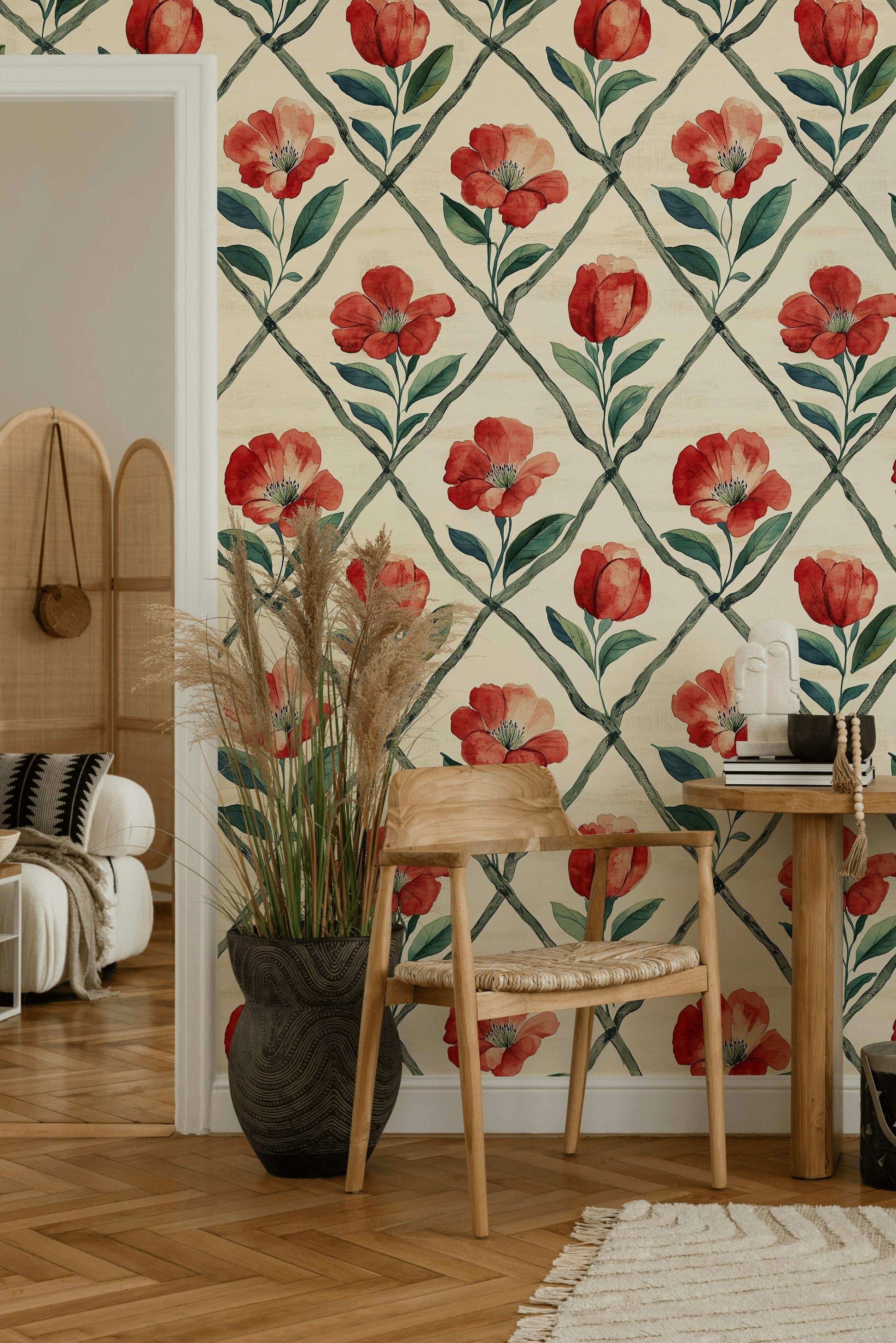 Red Trellis Floral Wallpaper Vibrant Blooms Stylish Interiors Peel and Stick Roll