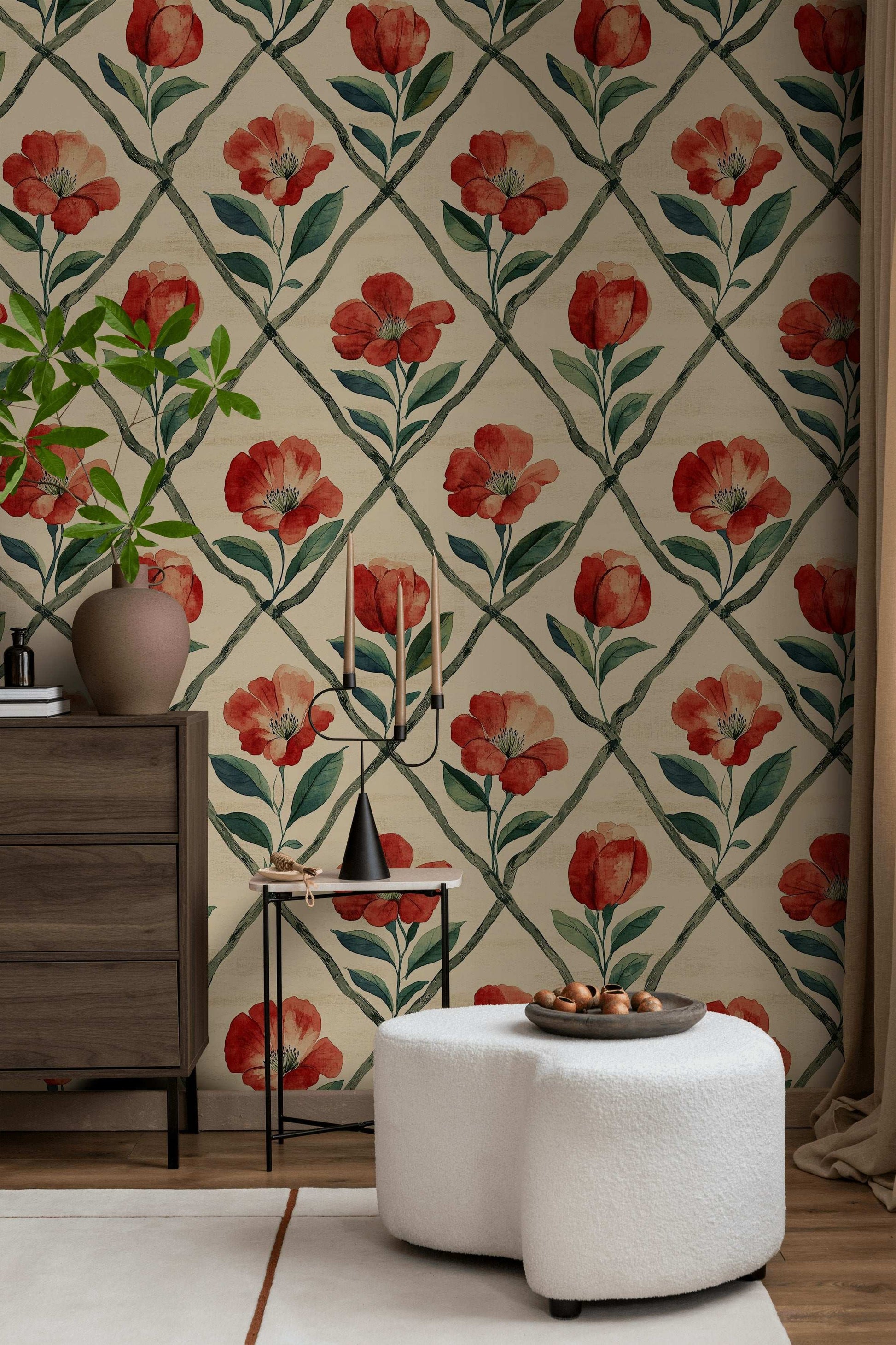 Red Trellis Floral Wallpaper Vibrant Blooms Stylish Interiors Peel and Stick Roll