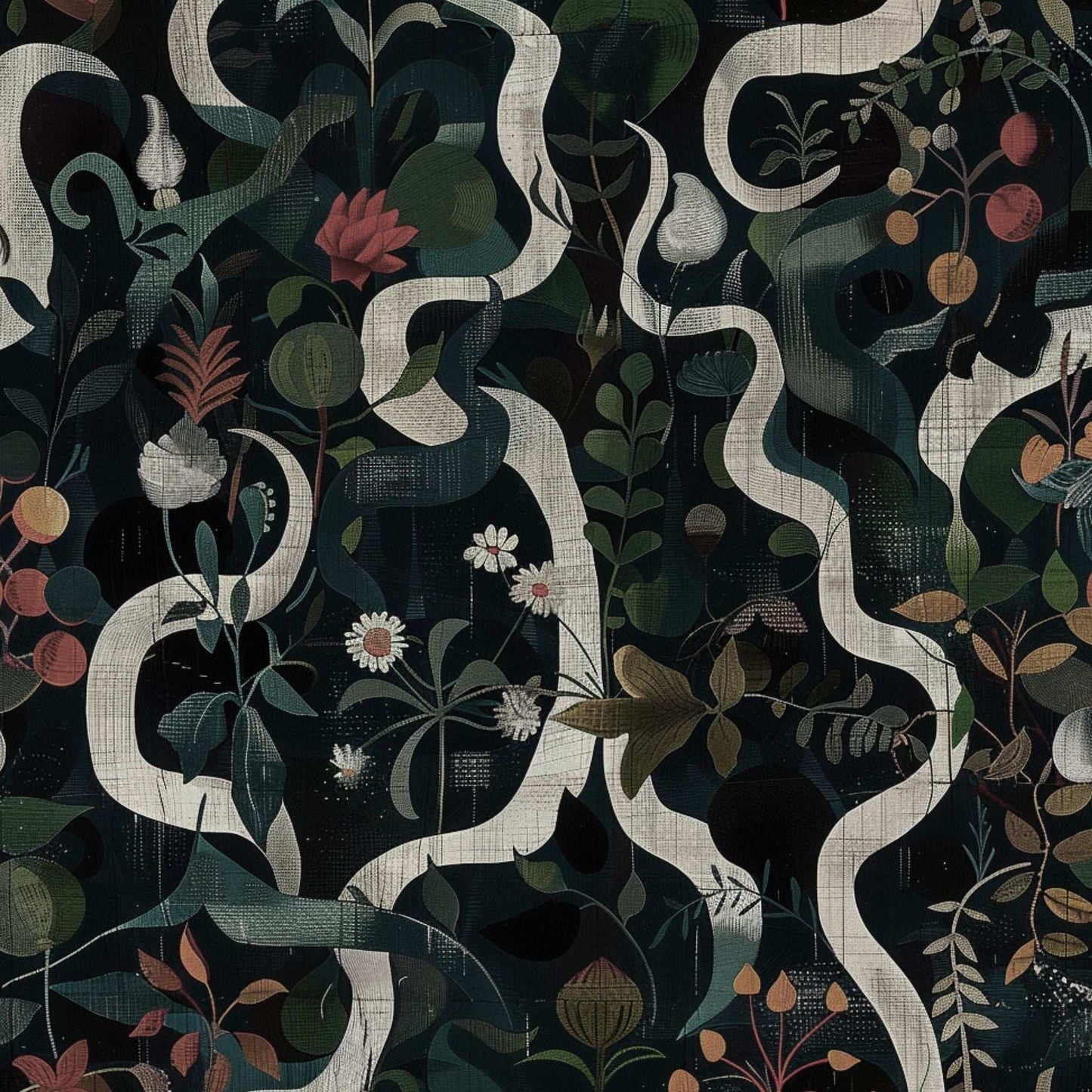 Botanical Floral Wallpaper - Dark Background, Hand-Drawn Flowers, Leaves, Fruits, and Wavy Stripes