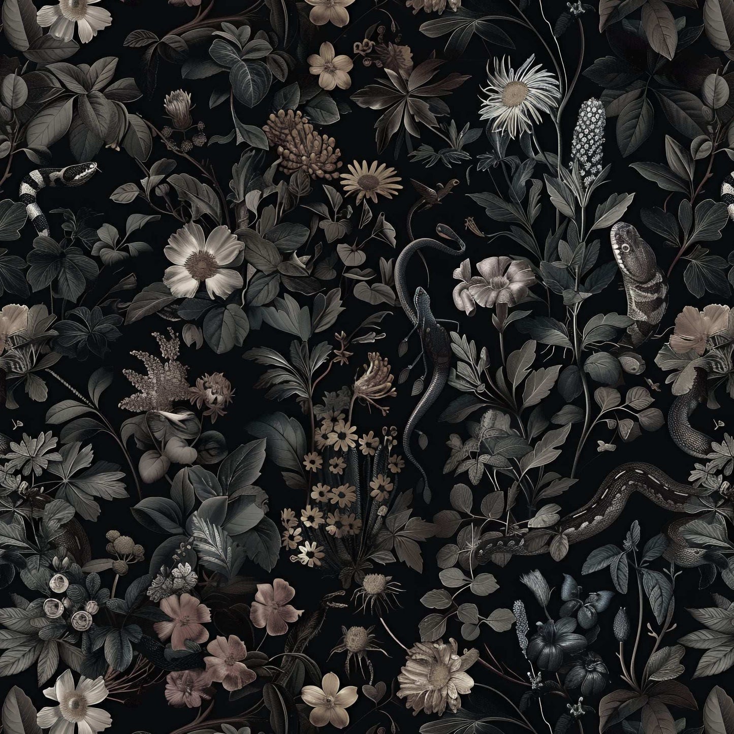 Dark Moody Floral Wallpaper - Lush Overgrown Pattern with Plants, Flowers, and Snake on Black Background