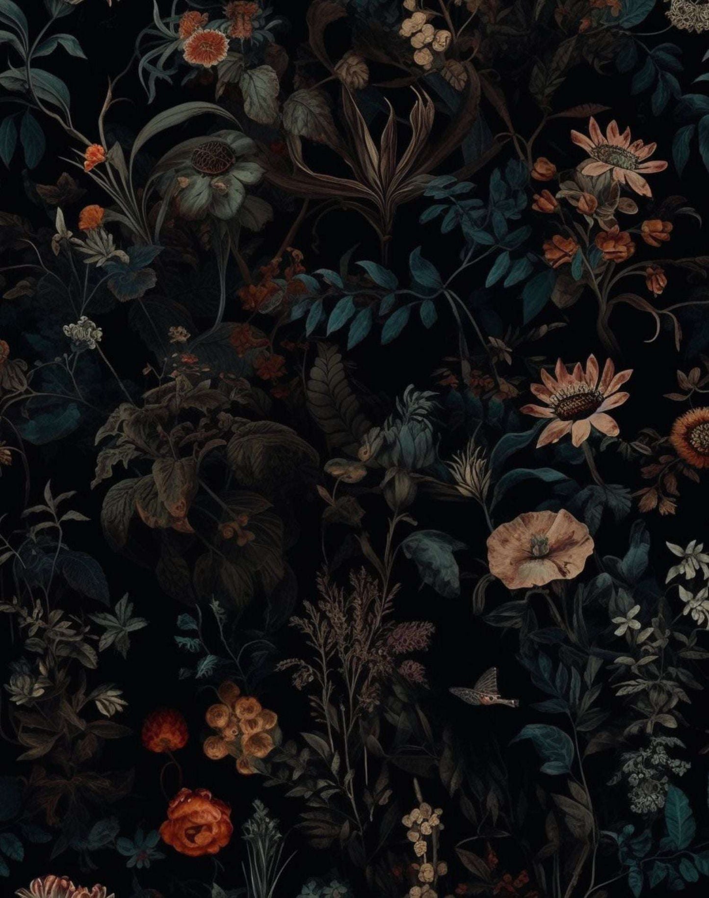 Elegant Botanical Floral Wallpaper - Dark Background, Sunflowers, Poppies, Daisies, Lush Leaves, Hand-Painted Style