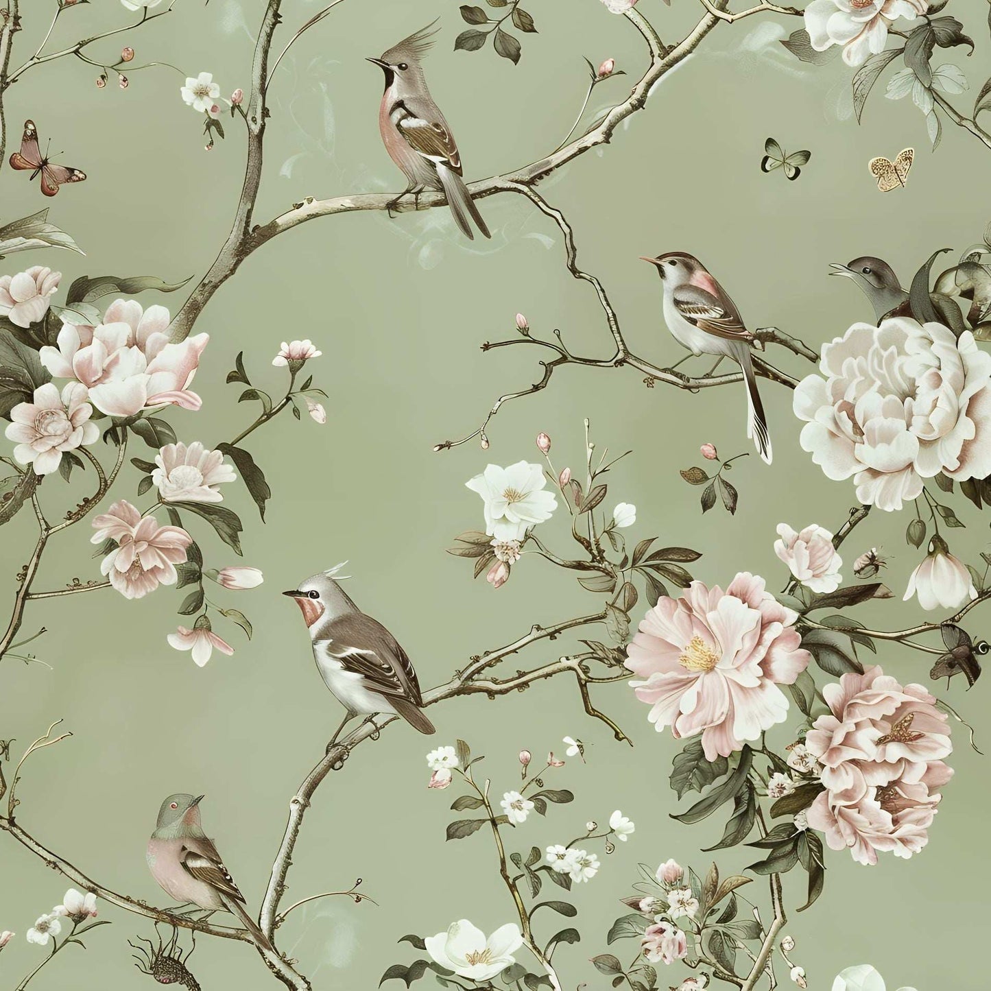 Soft Green Botanical Bird Wallpaper - Vintage Floral Pattern with Birds, Butterflies, and Branches Mural