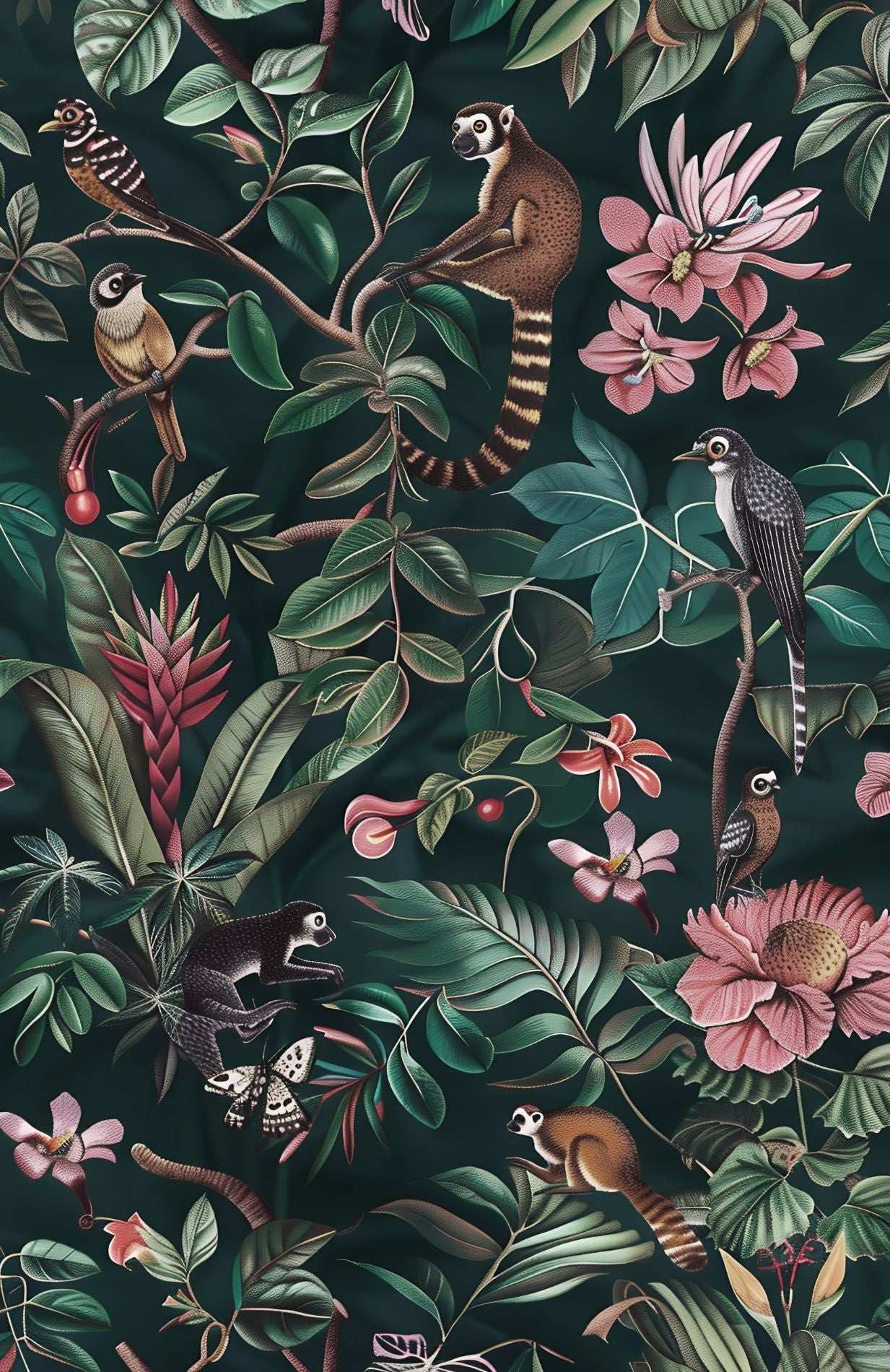 Dark Botanical Jungle Wallpaper Peel and Stick - Exotic Animals, Tropical Plants, Birds, and Flowers Mural