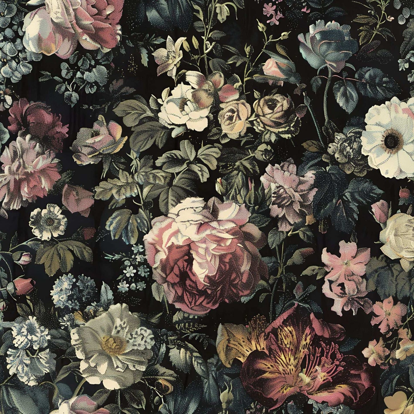 Dark Vintage Floral Wallpaper - Black Background, Vibrant Flowers, Elegant Botanical Design Wall Mural