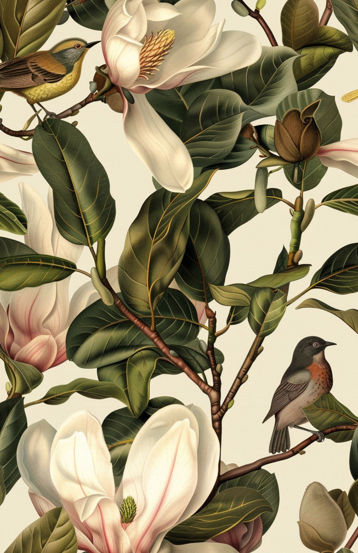 Magnolia Floral Wallpaper Light Background Detailed Flowers and Birds Elegant Botanical Wall Mural