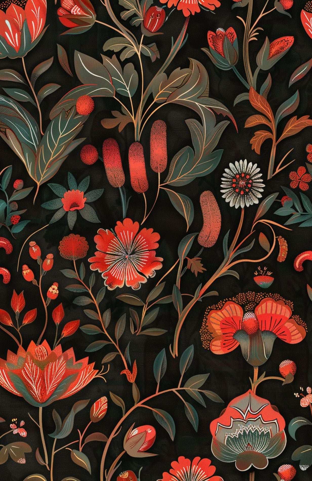 Bold Dark Red Floral Wallpaper Peel and Stick Black Background Vibrant Red and Orange Flowers Wall Mural