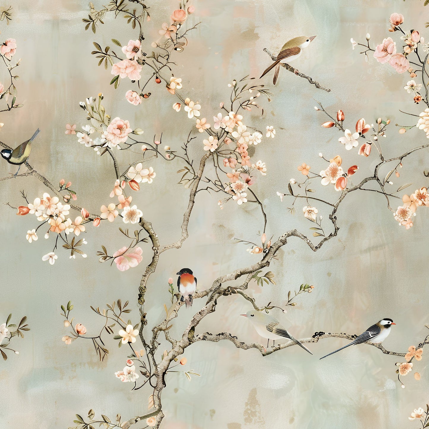 Cherry Blossom Wallpaper Chinoiserie Birds and Flowers, Soft Pastel Background, Elegant Botanical Wall Mural