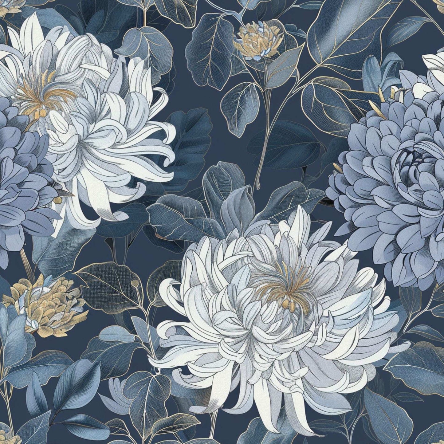 Elegant Blue Floral Wallpaper Large Chrysanthemums Peel and Stick Mural