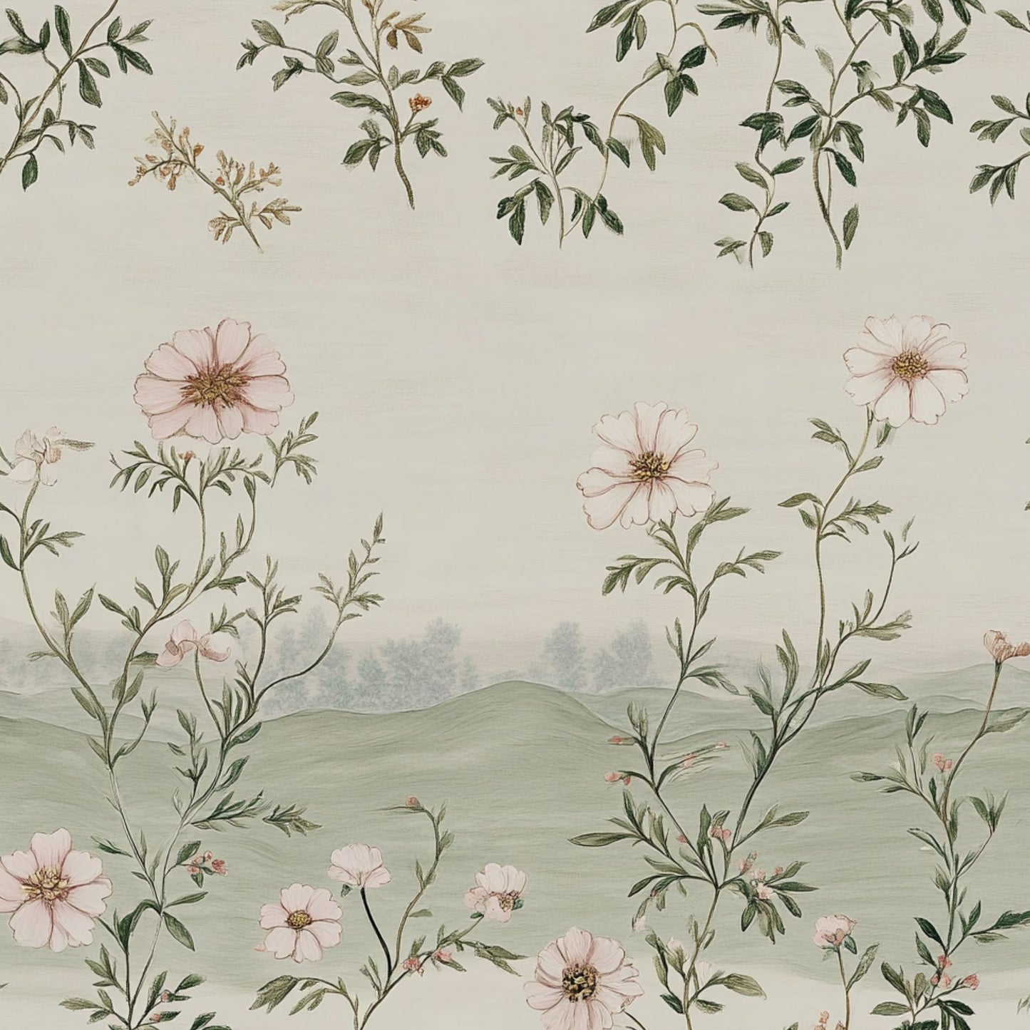 Vintage Floral Landscape Pattern Wallpaper Peel and Stick Roll