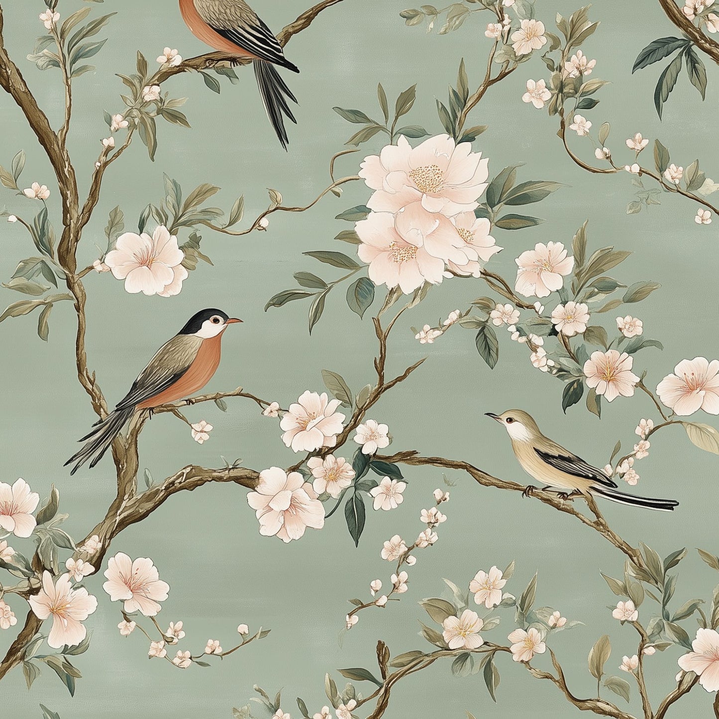 Charming Bird and Blossom Wallpaper Peel and Stick Green Botanical Wall Mural