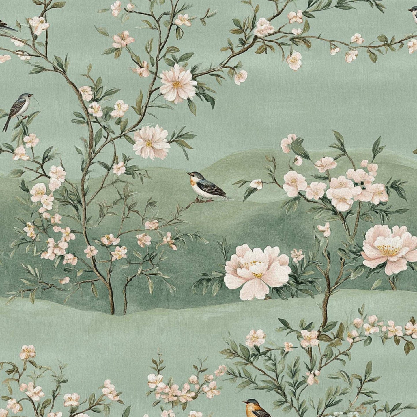 Chinoiserie Style Floral Wallpaper Serene Green Bird and Blossom Wall Mural