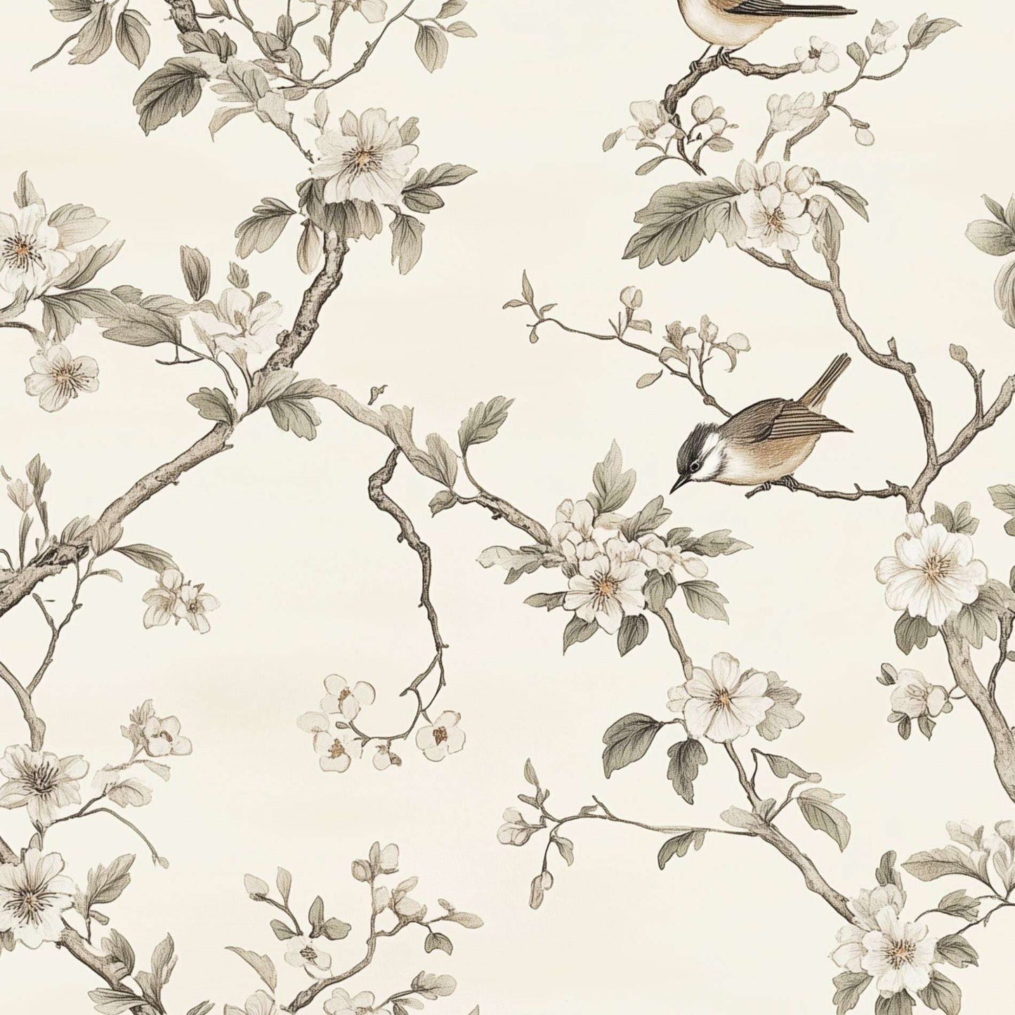 Elegant Bird and Blossom Wallpaper Peel and Stick Chinoiserie Floral Wall Mural