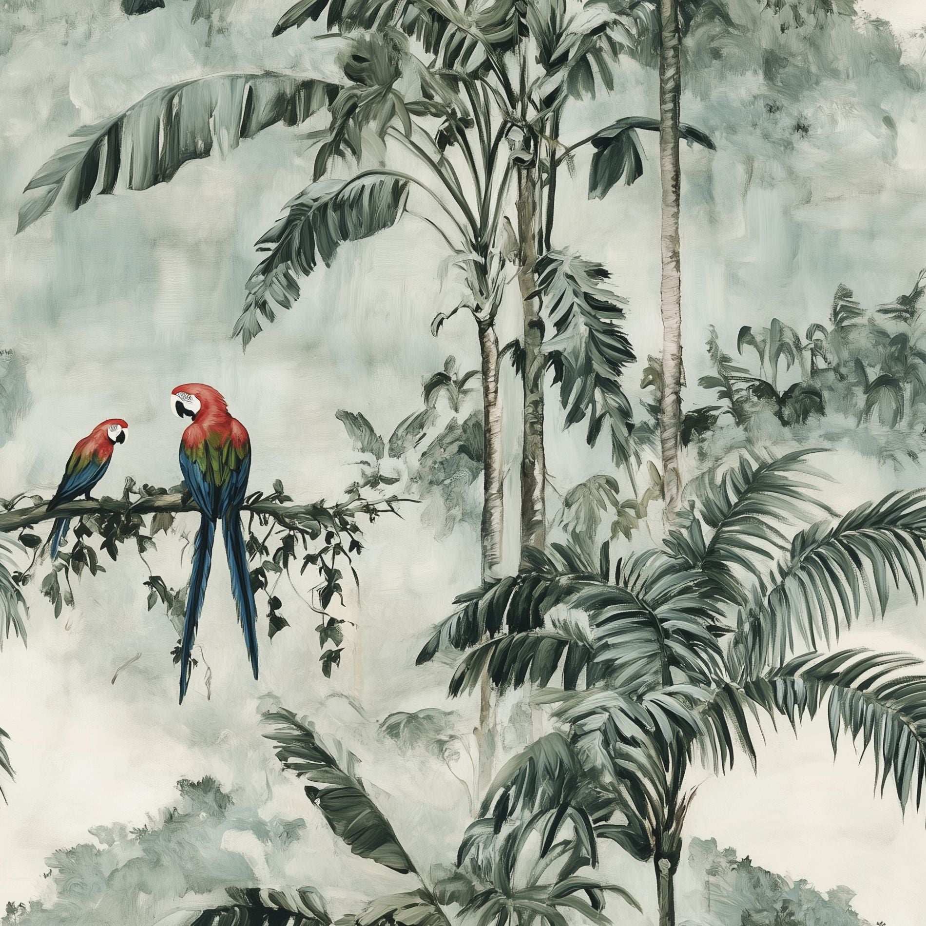 Exotic Green Jungle Parrots Wallpaper Tropical Peel and Stick Wall Mural