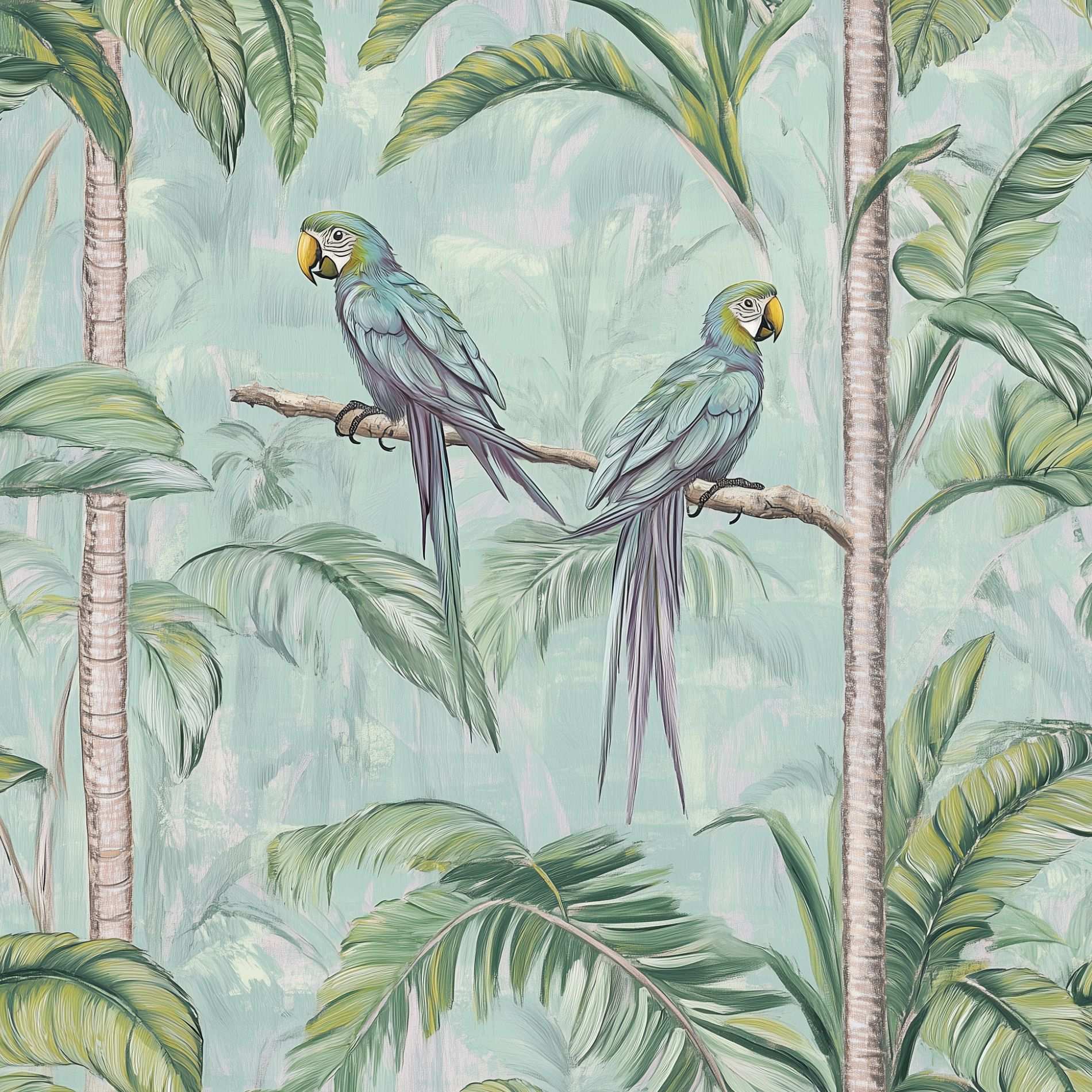 Tropical Parrots and Palm Trees Wallpaper Green Jungle Scene Peel and Stick Mural