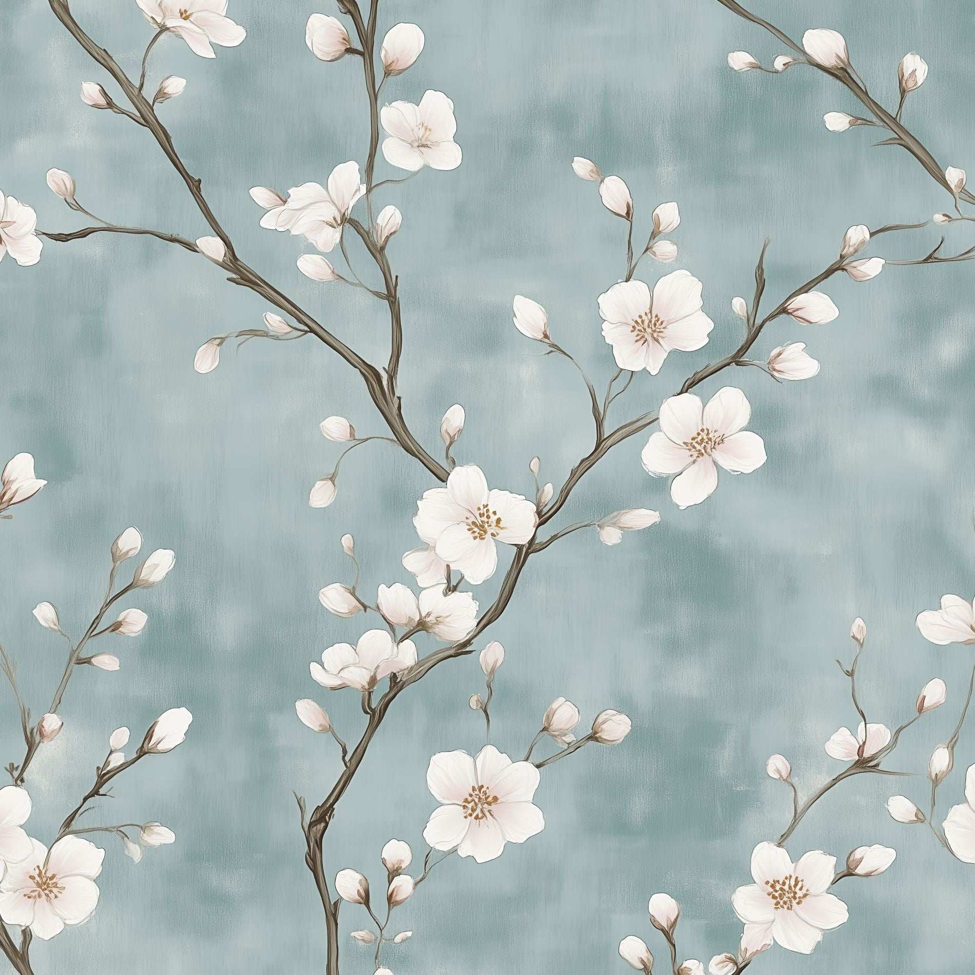 Chinoiserie Floral Wallpaper White Blossoms on Aqua Background Peel and Stick Wall Mural