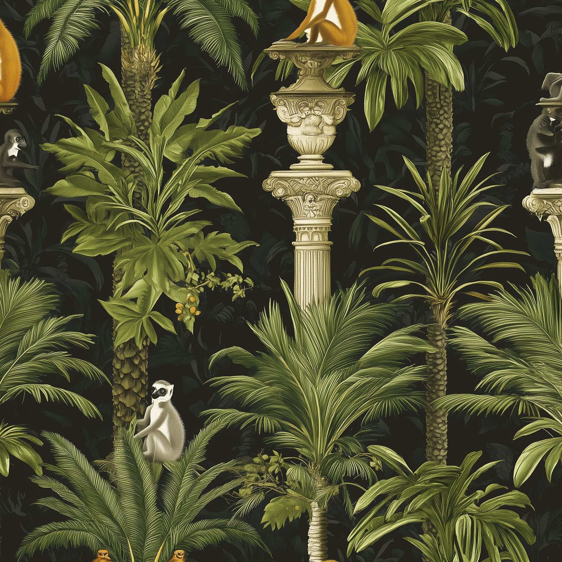 Tropical Lemur Jungle Wallpaper Ornate Greenery and Columns Exotic Nature Wall Mural