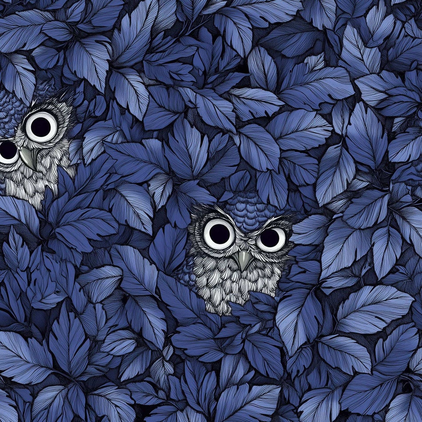 Dark Blue Owl and Leaf Pattern Wallpaper Enchanted Forest Themed Wall Mural