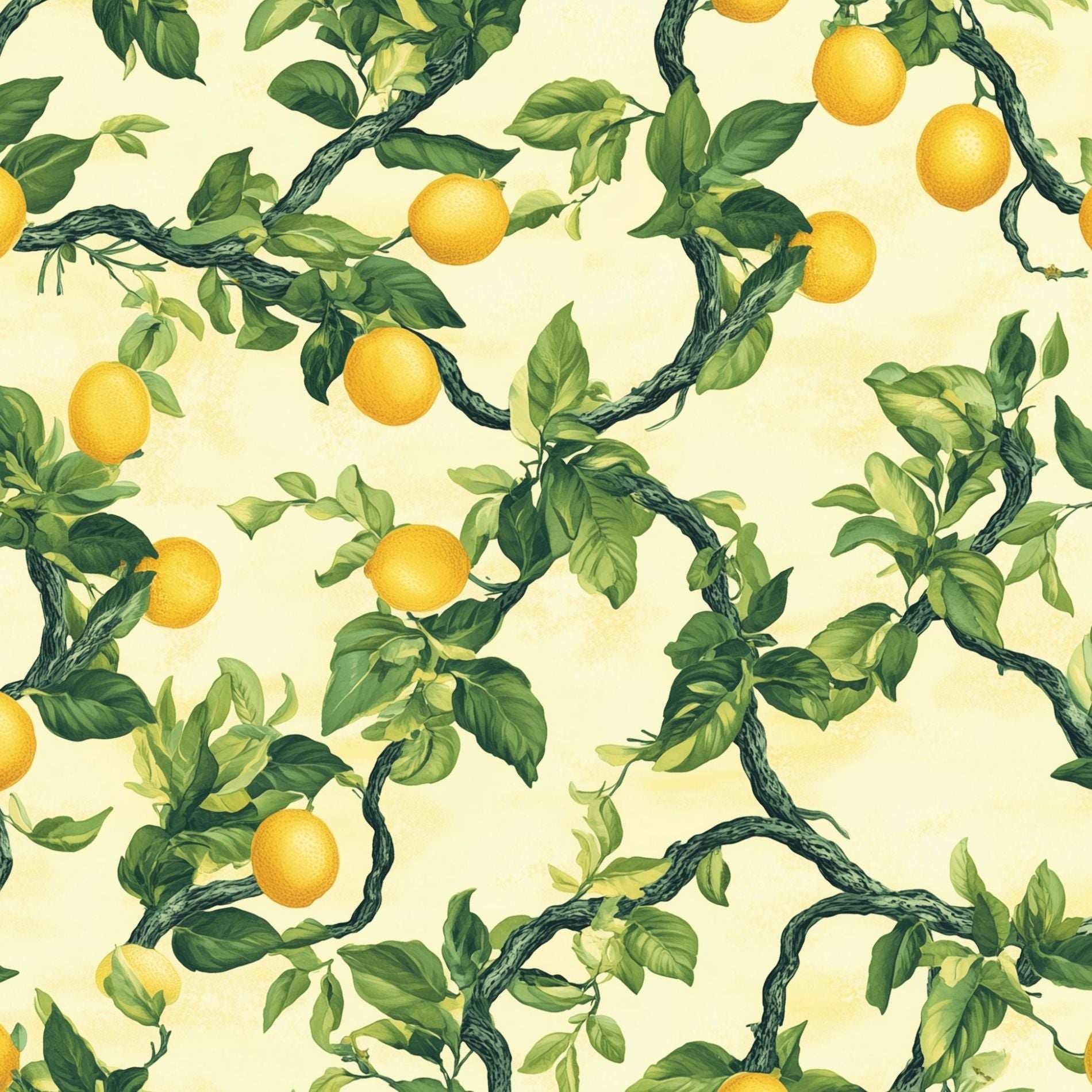 Lemon Tree Branch Pattern Wallpaper Bright Botanical Wall Mural Fresh Citrus Decor