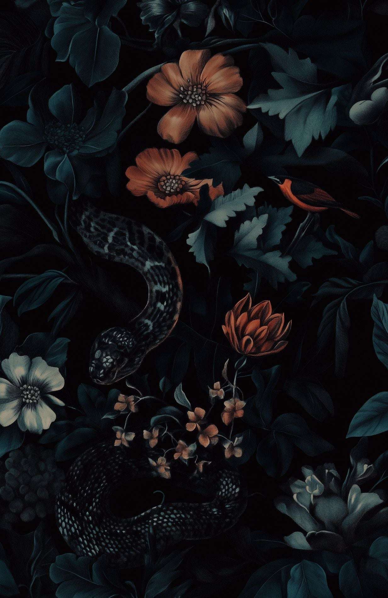 Moody Exotic Floral and Snake Wallpaper Dark Botanical Peel and Stick Wall Mural