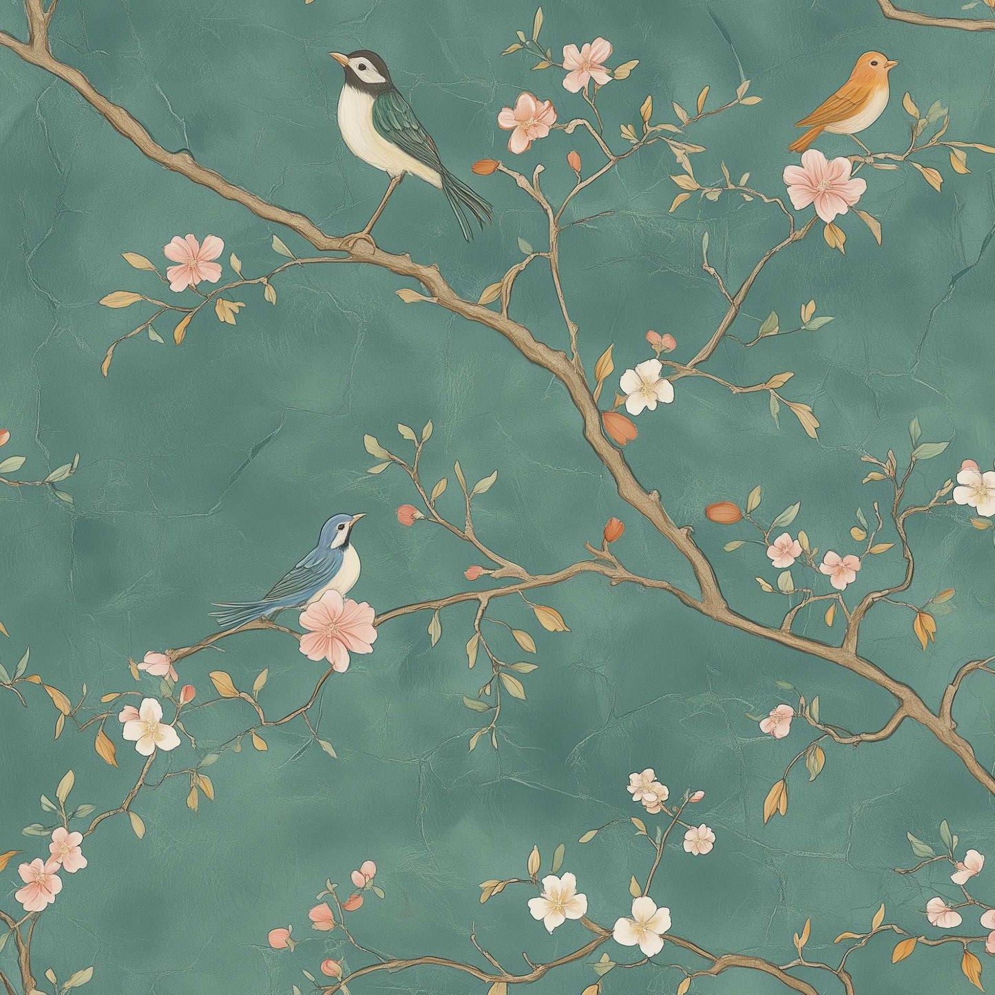 Emerald Garden Chinoiserie Wallpaper Tranquil Bird and Blossom Peel and Stick Mural Vintage Asian-Inspired Wall Art