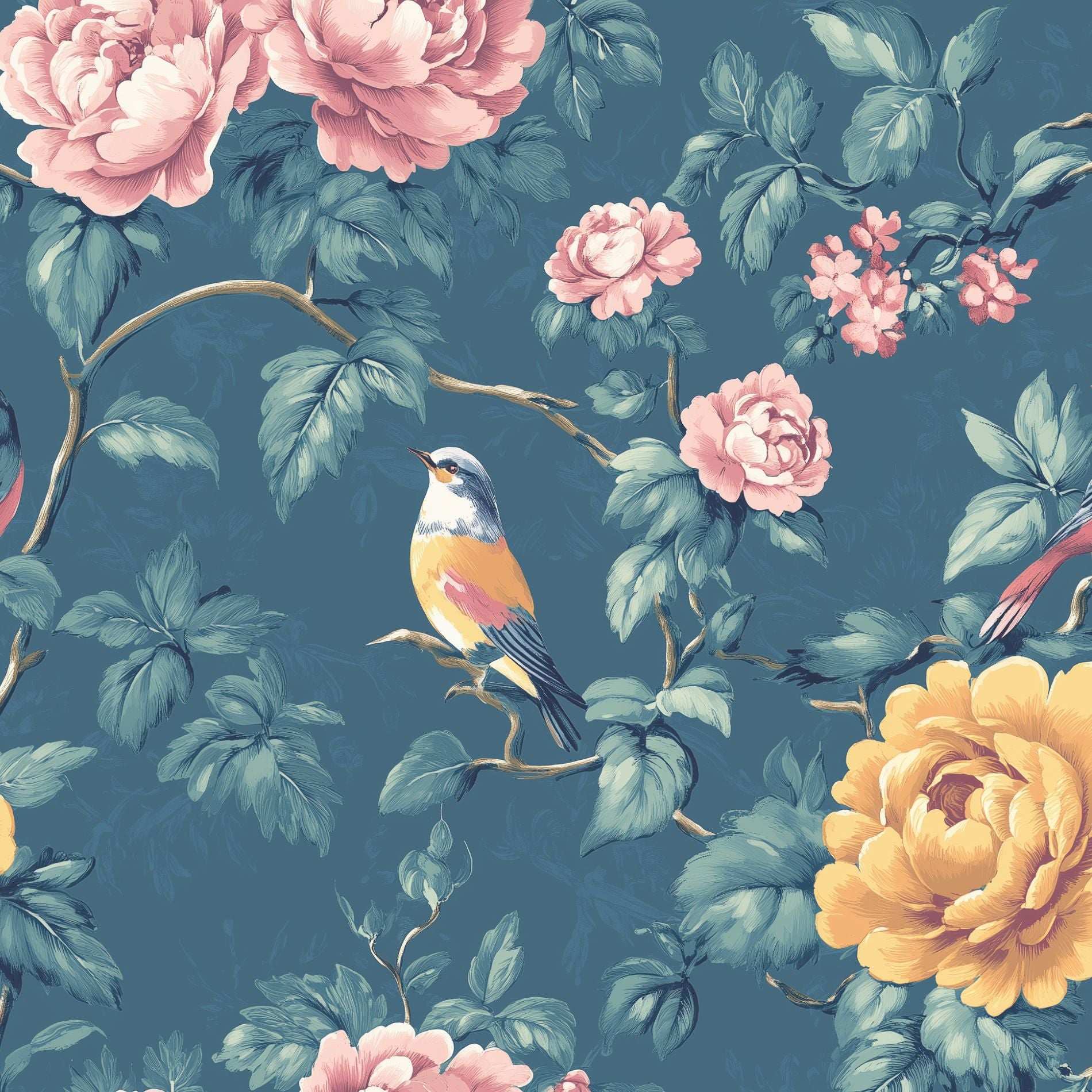 Blue Floral & Bird Wallpaper Peony Garden Wall Mural Vintage Botanical Design