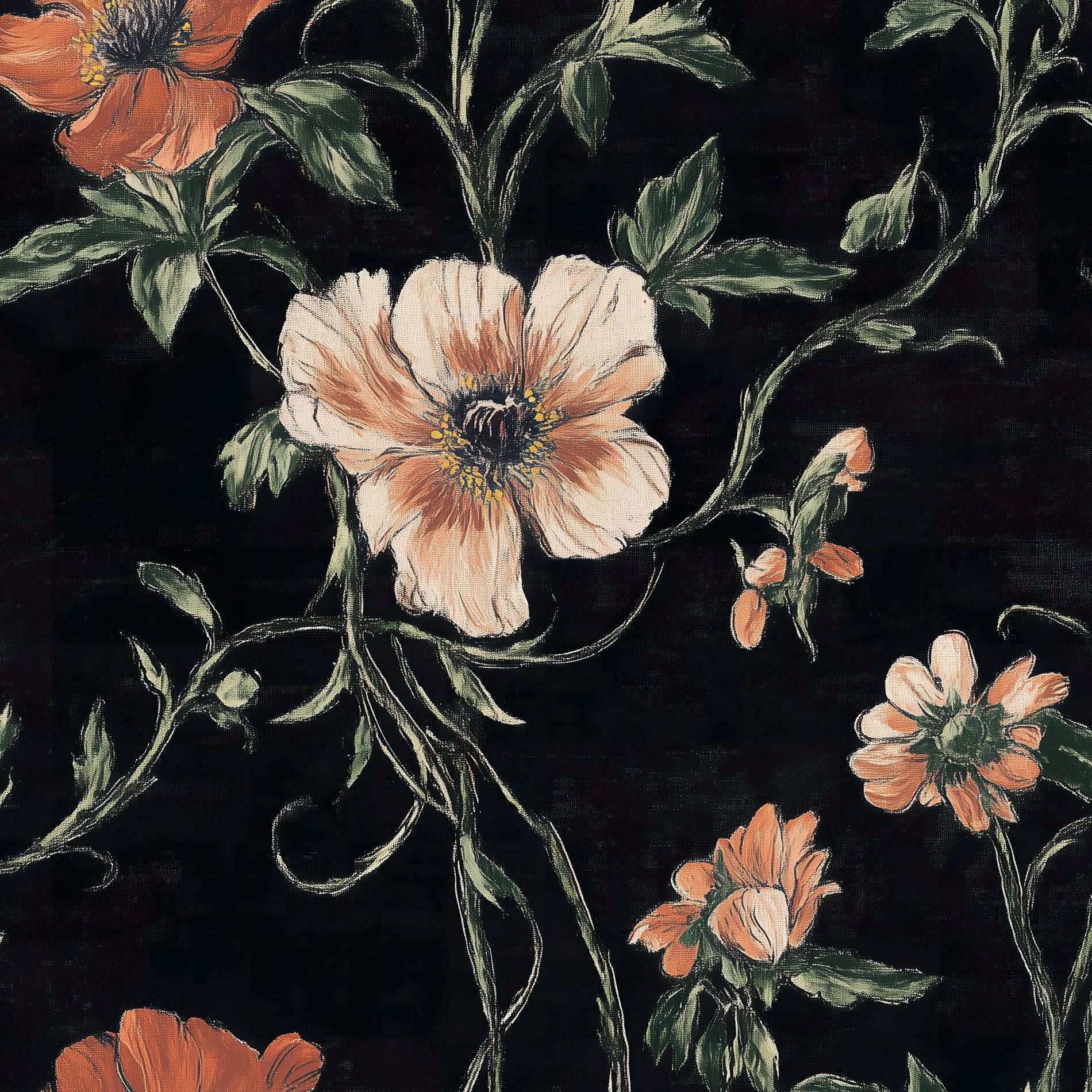 Black Floral Wallpaper Orange Blossom Wall Mural Classic Design Peel and Stick Roll