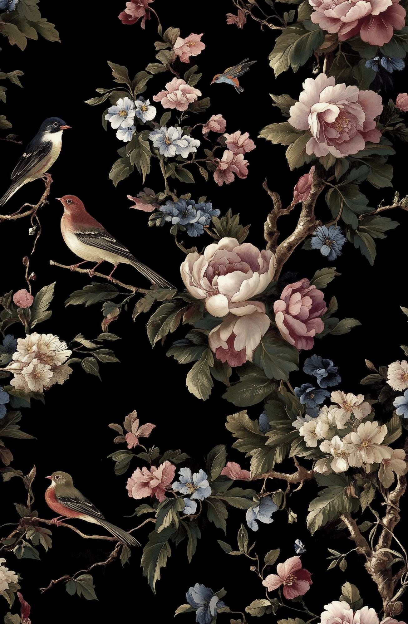 Elegant Floral and Bird Botanical Wallpaper Dark Background Luxurious Garden Design