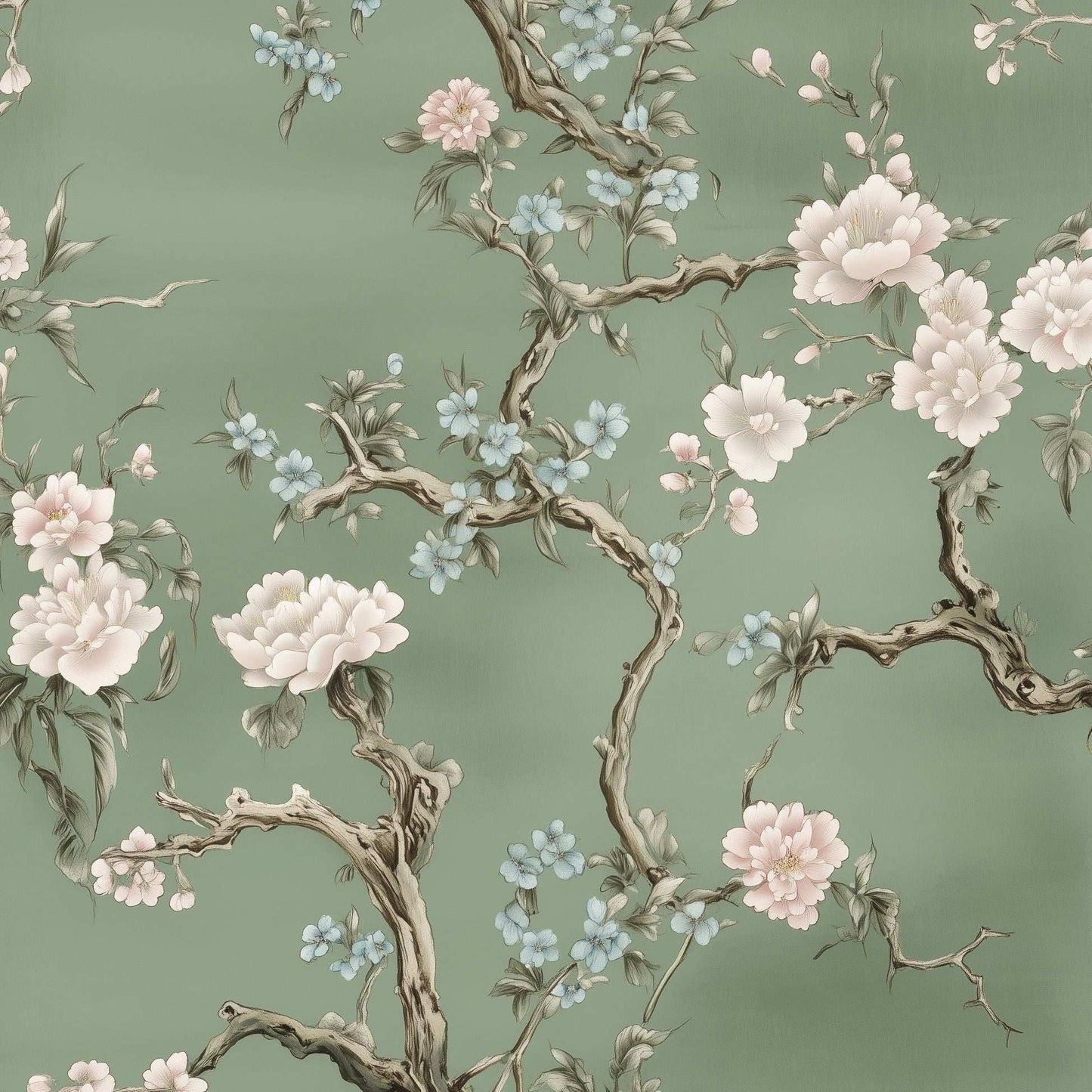 Chinoiserie Floral Wallpaper Green Background Blossom and Branch Design Peel and Stick Roll