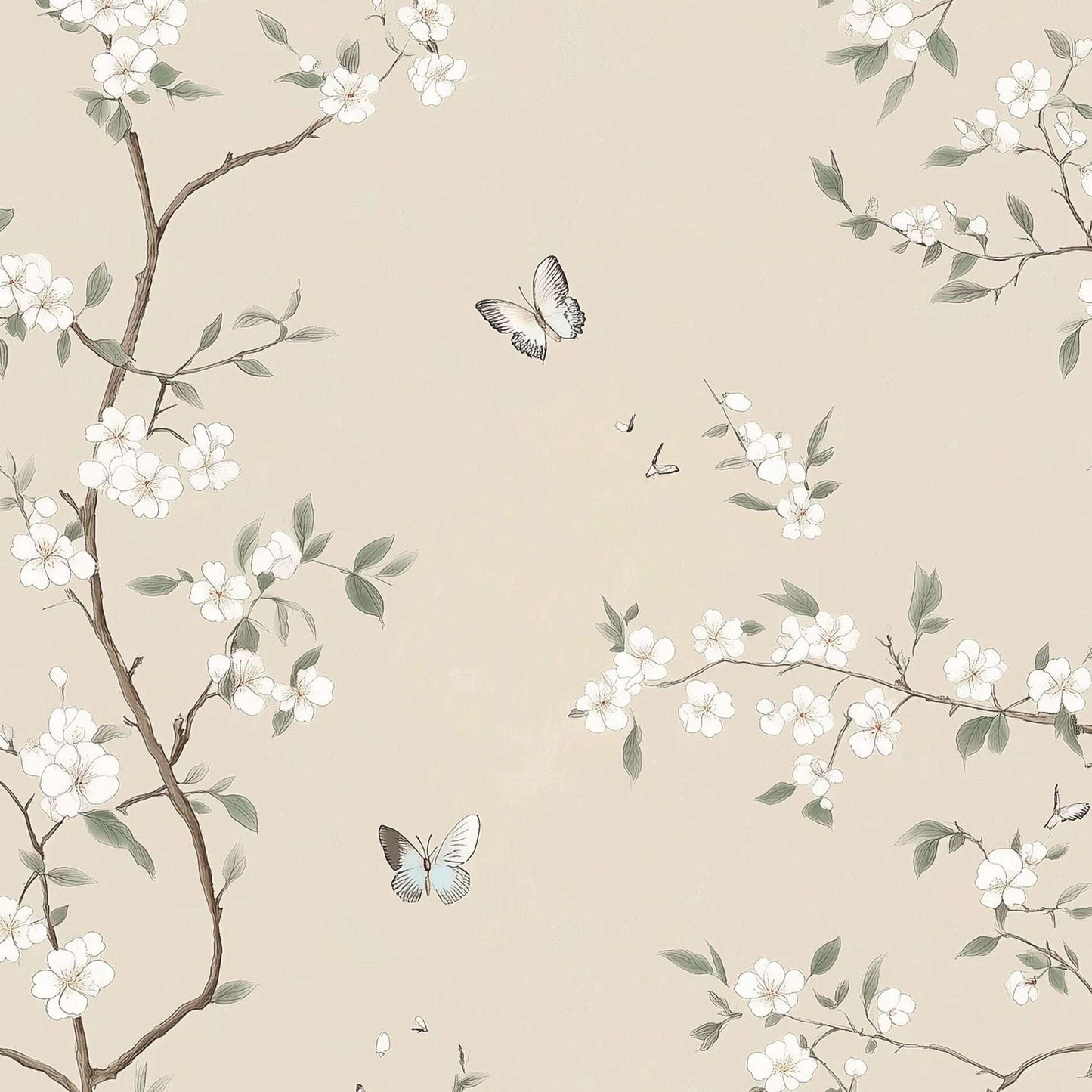 Delicate Floral Wallpaper with Butterflies Minimalist Blossom Design