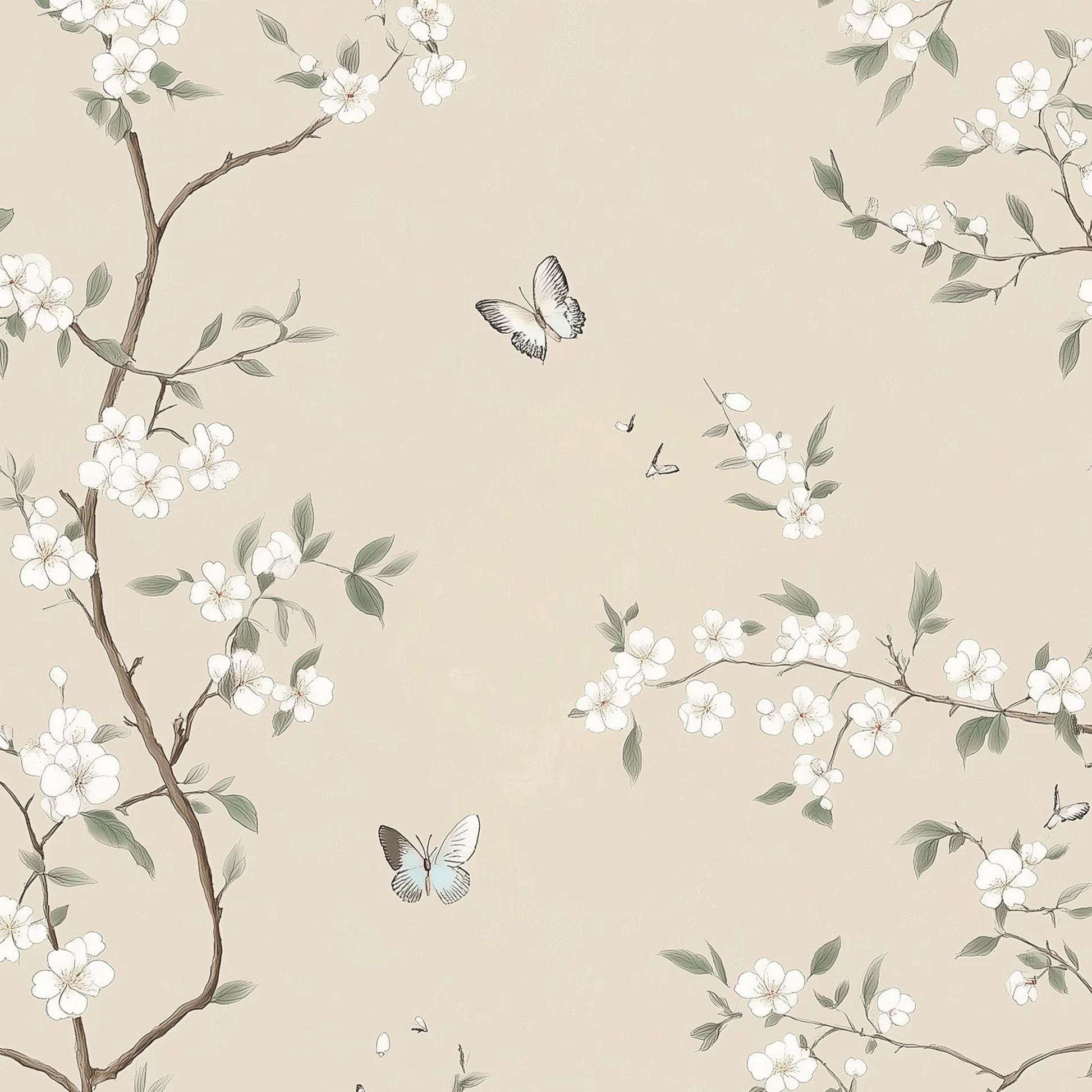 Delicate Floral Wallpaper with Butterflies Minimalist Blossom Design