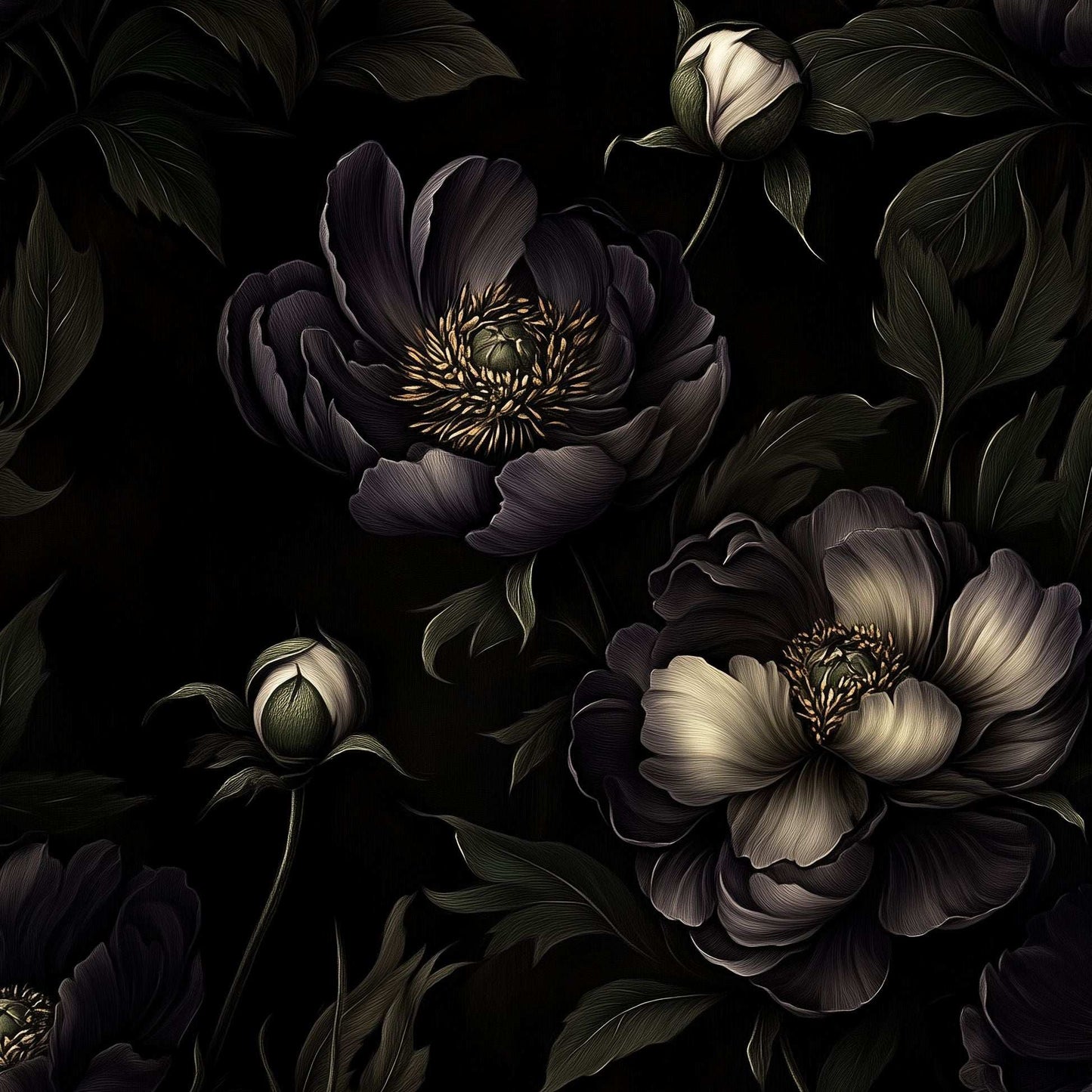 Dark Floral Noir Wallpaper with Moody Peony Blooms Elegant Botanical Design Sophisticated Wall Mural