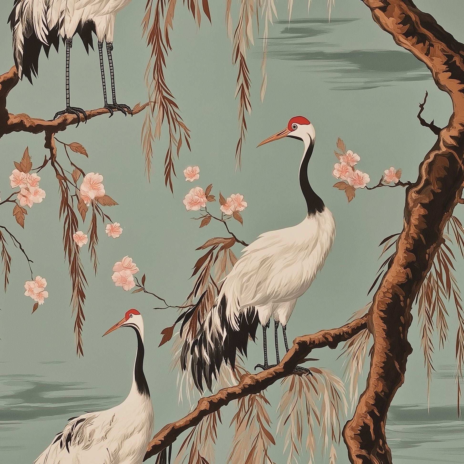 Elegant Crane and Cherry Blossom Peel and Stick Wallpaper Asian-Inspired Wall Mural