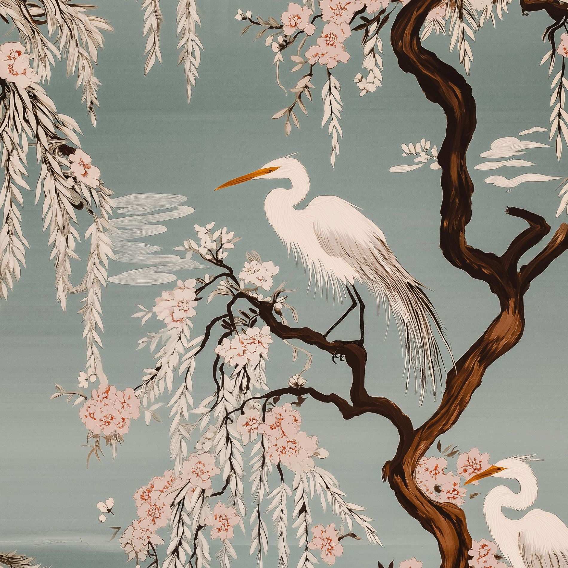 Japanese Crane & Cherry Blossom Wallpaper Elegant Willow Wall Mural