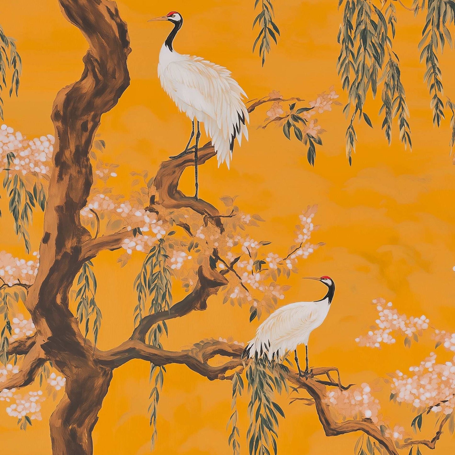 Vibrant Crane and Cherry Blossom Peel and Stick Wallpaper Asian Style Wall Mural