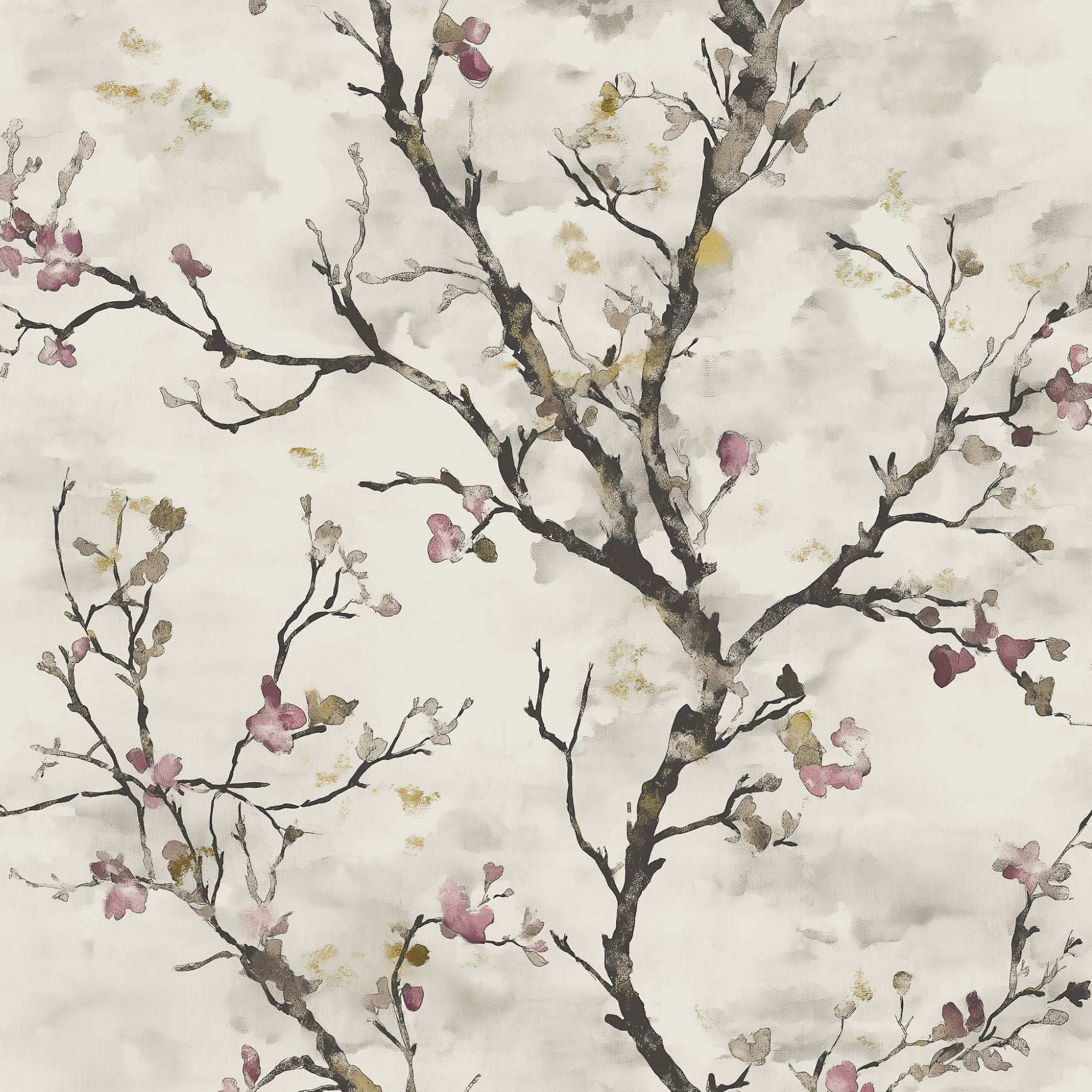 Elegant Cherry Blossom Wall Mural Abstract Branch and Petal Design in Soft Taupe and Pink Tones