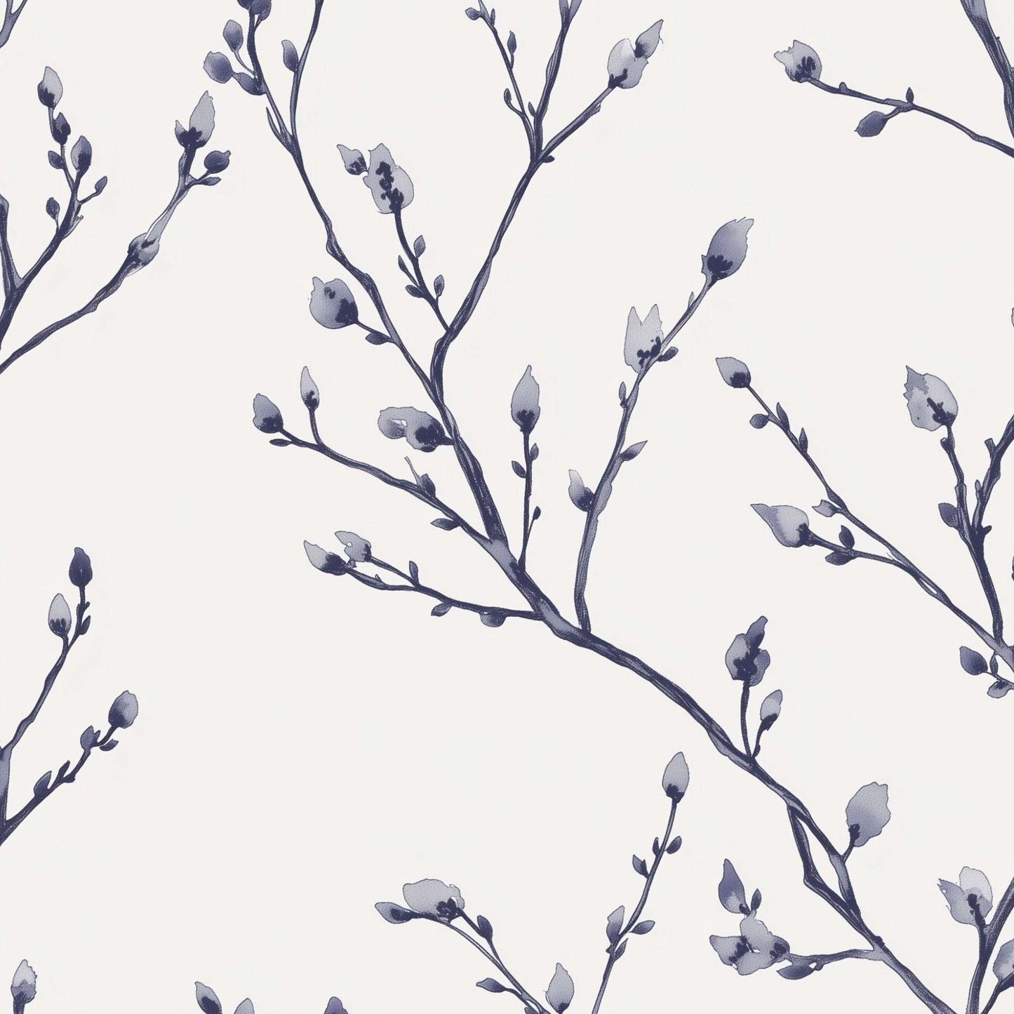 Minimalist Willow Branch Wallpaper Navy Blue Buds on White Background Peel and Stick Roll