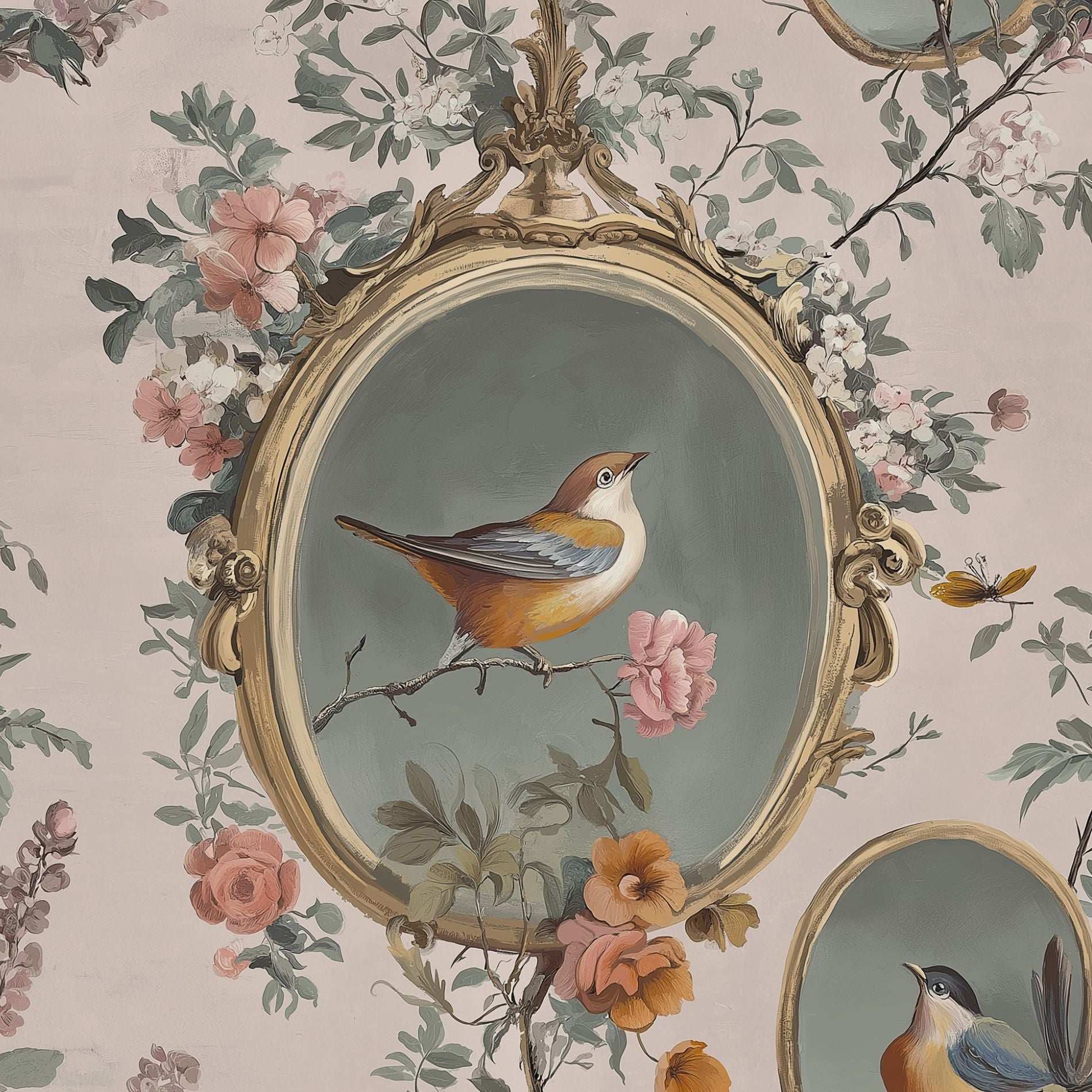 Vintage Bird Art Wallpaper Romantic Floral Design Peel and Stick Roll Victorian Style