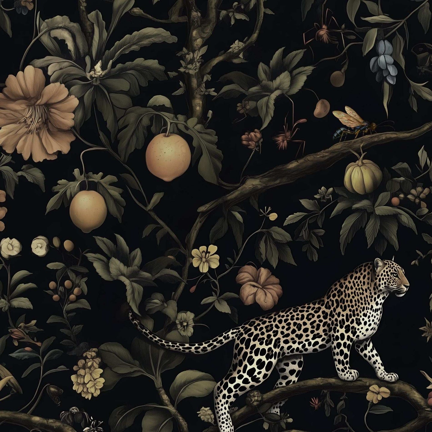 Exotic Leopard and Jungle Fruits Wallpaper Bold Dark Floral Peel and Stick Roll